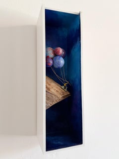 Diorama mural miniature vertical : ballons représentant des planètes flottantes et voyage surréaliste