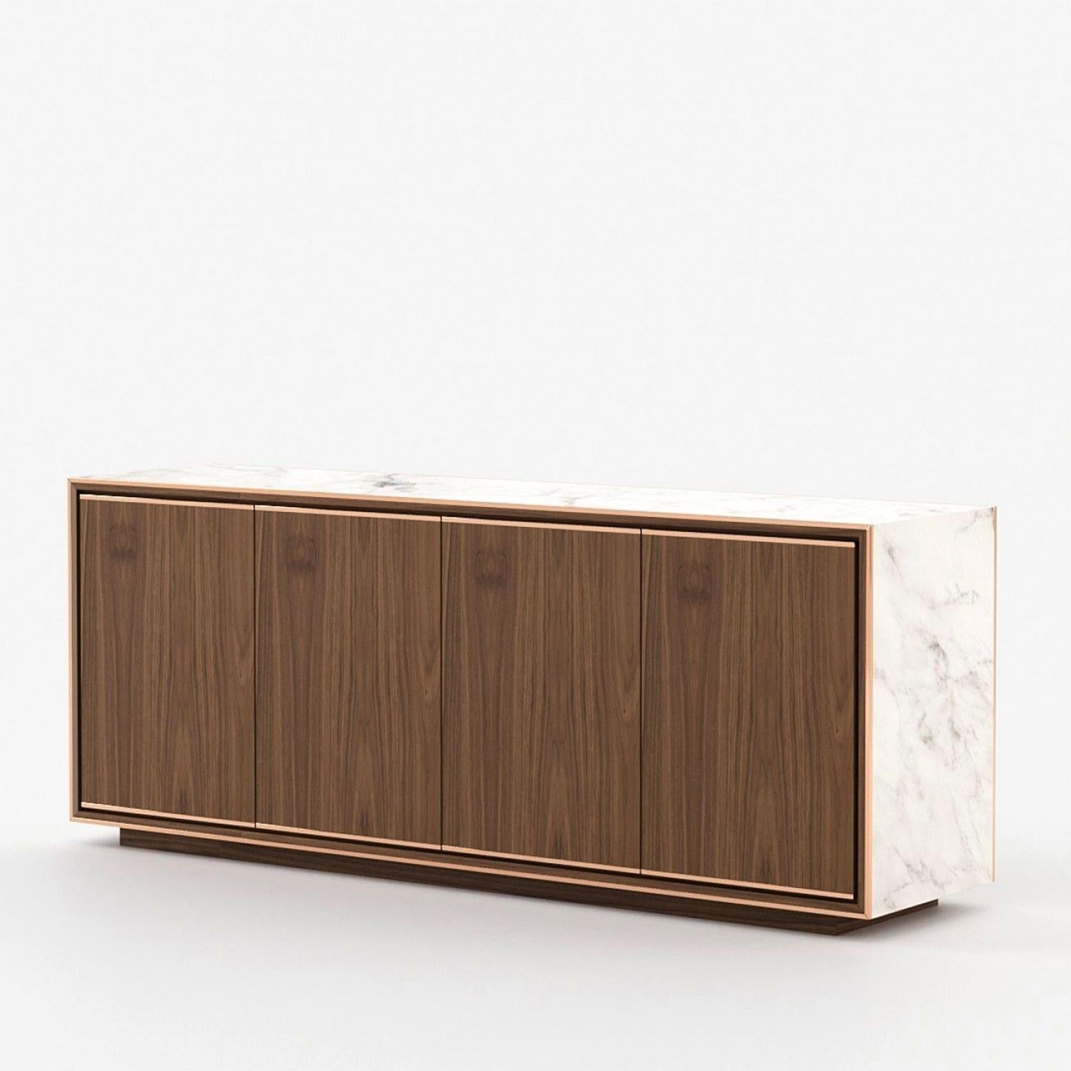 Sideboard Vera Walnut and White Marble with structure in wood in
walubt wood veneered and top and each side in white marble. 
Sideboard with 4 doors.
Also availble on request with other wooden finish or marble finish.
Also available on request in