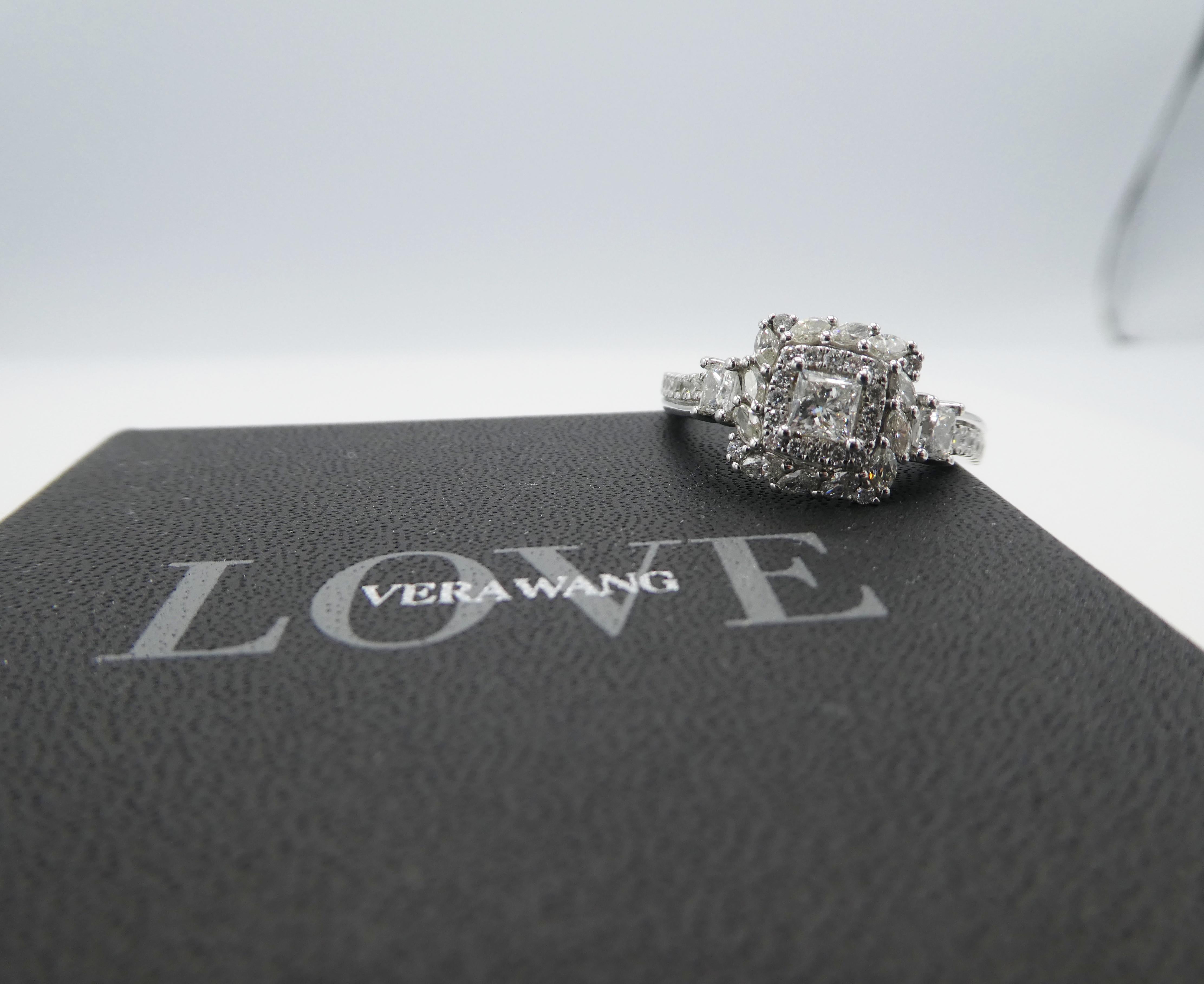 Vera Wang 1.00 Carat Princess Cut Diamond 14 Karat White Gold Halo Ring In Good Condition In  Baltimore, MD