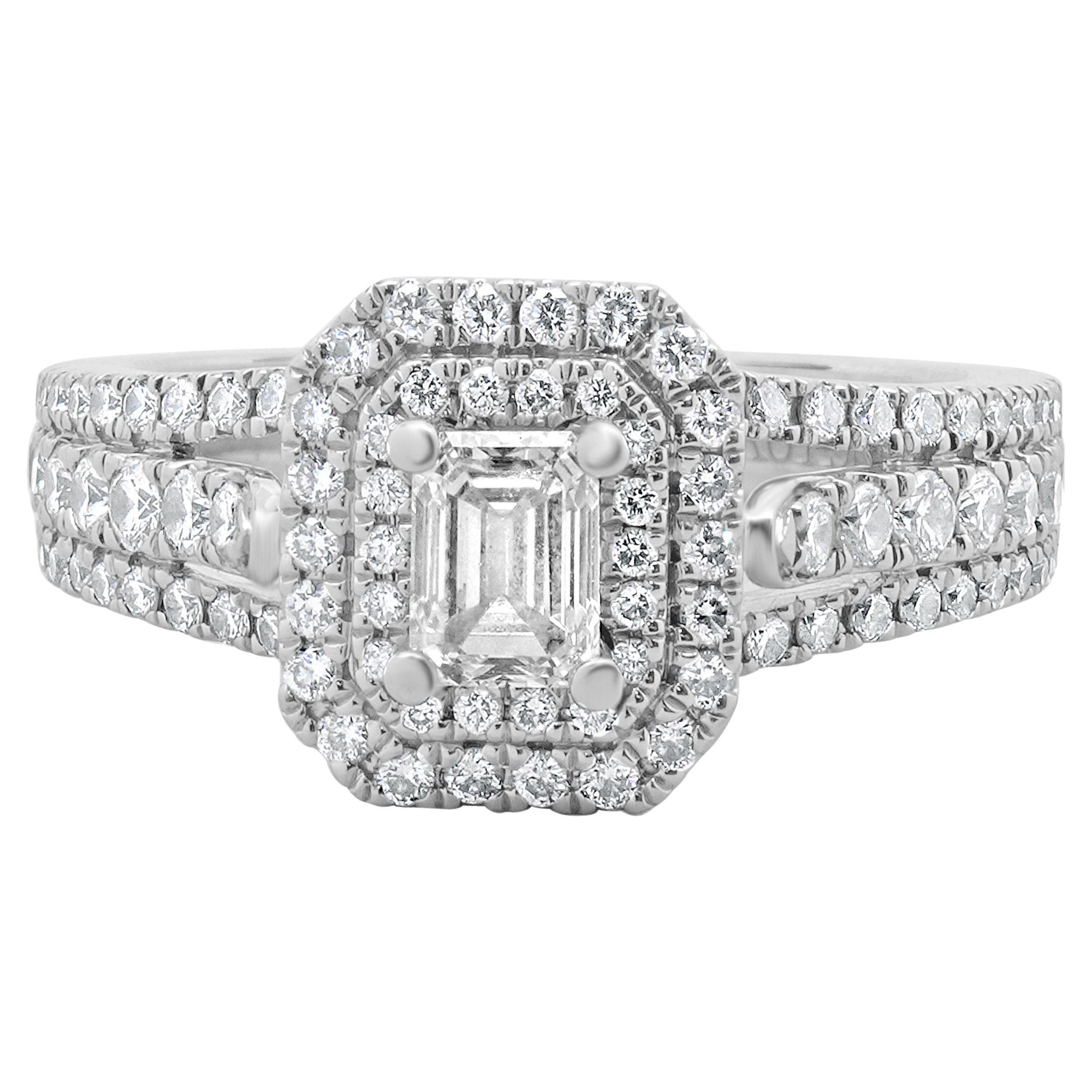 Vera Wang 14 Karat White Gold Emerald Cut Diamond Engagement Ring For Sale
