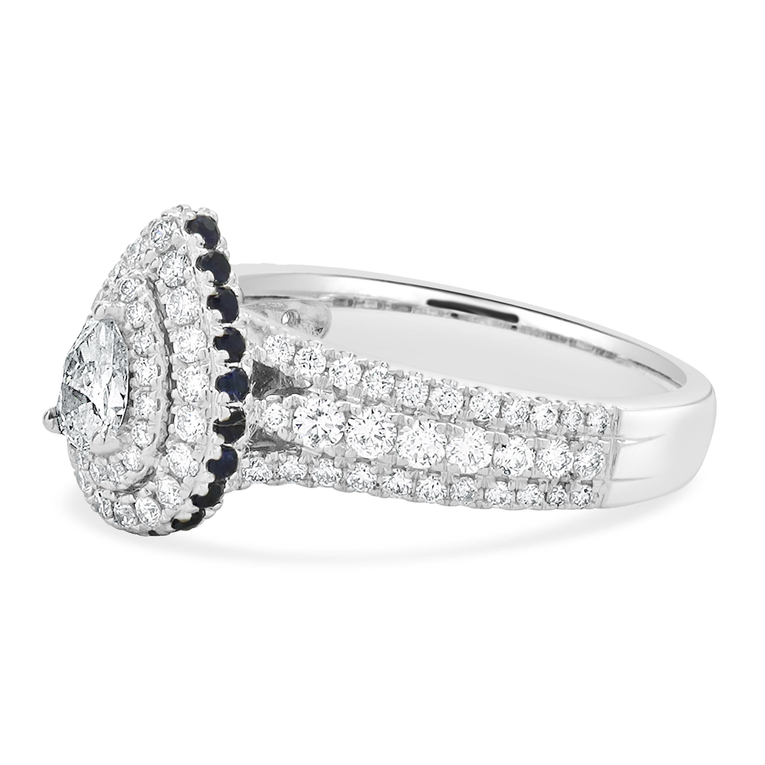 Designer: Vera Wang
MATERIAL: 14K Weißgold
Zentrum Diamant: 0,20ct Birne 
Farbe: H
Klarheit: SI1
Diamanten: 95 Rundschliff = 1,00cttw
Farbe: H
Klarheit: SI2
Saphir: 23 Rundschliff = 0,25cttw
Ringgröße: 6.5 (bitte erlauben Sie zwei zusätzliche