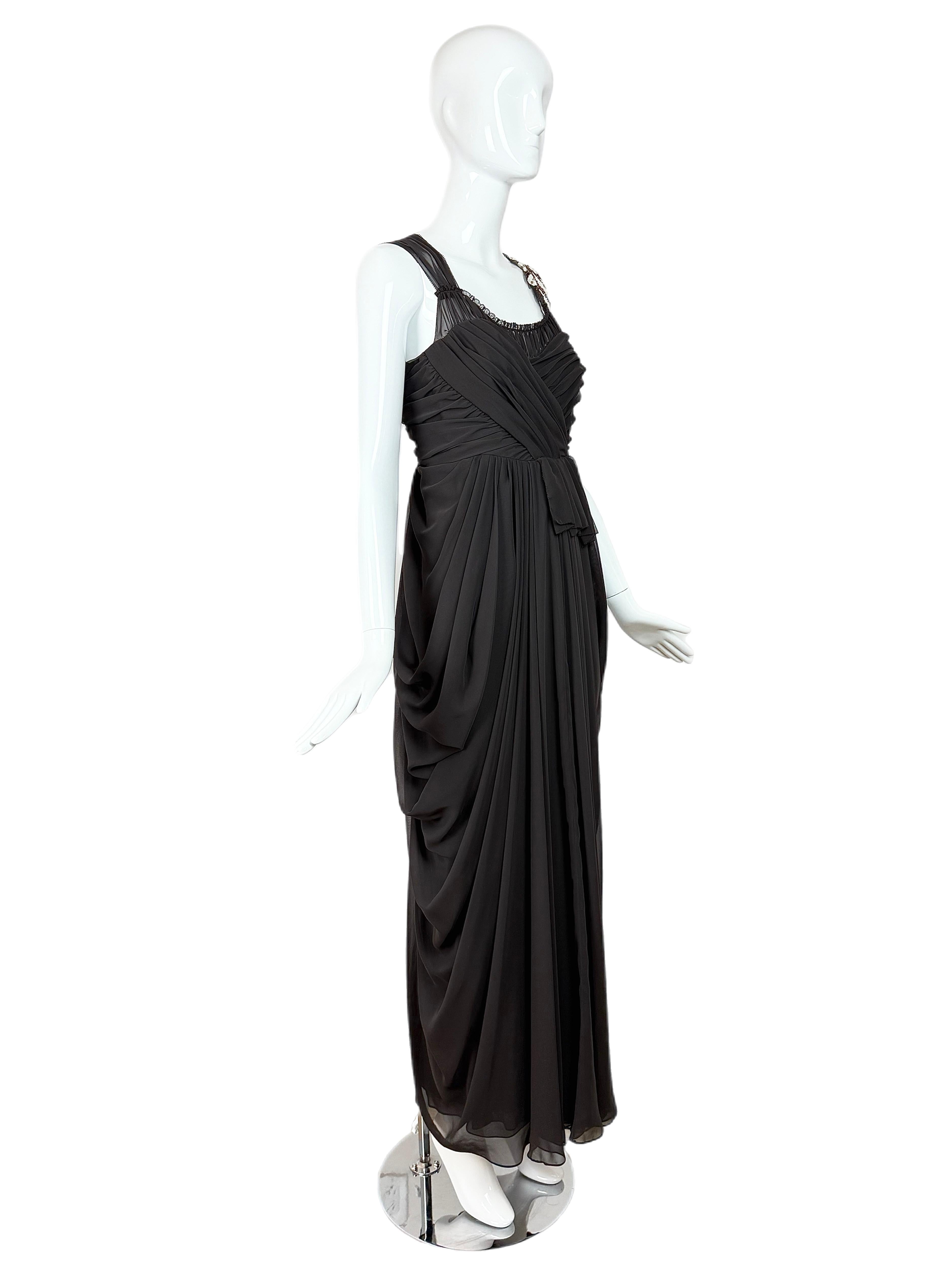 Gray VERA WANG 2006 Vintage Runway Grecian Gown Draped Embellished Long Maxi Dress For Sale