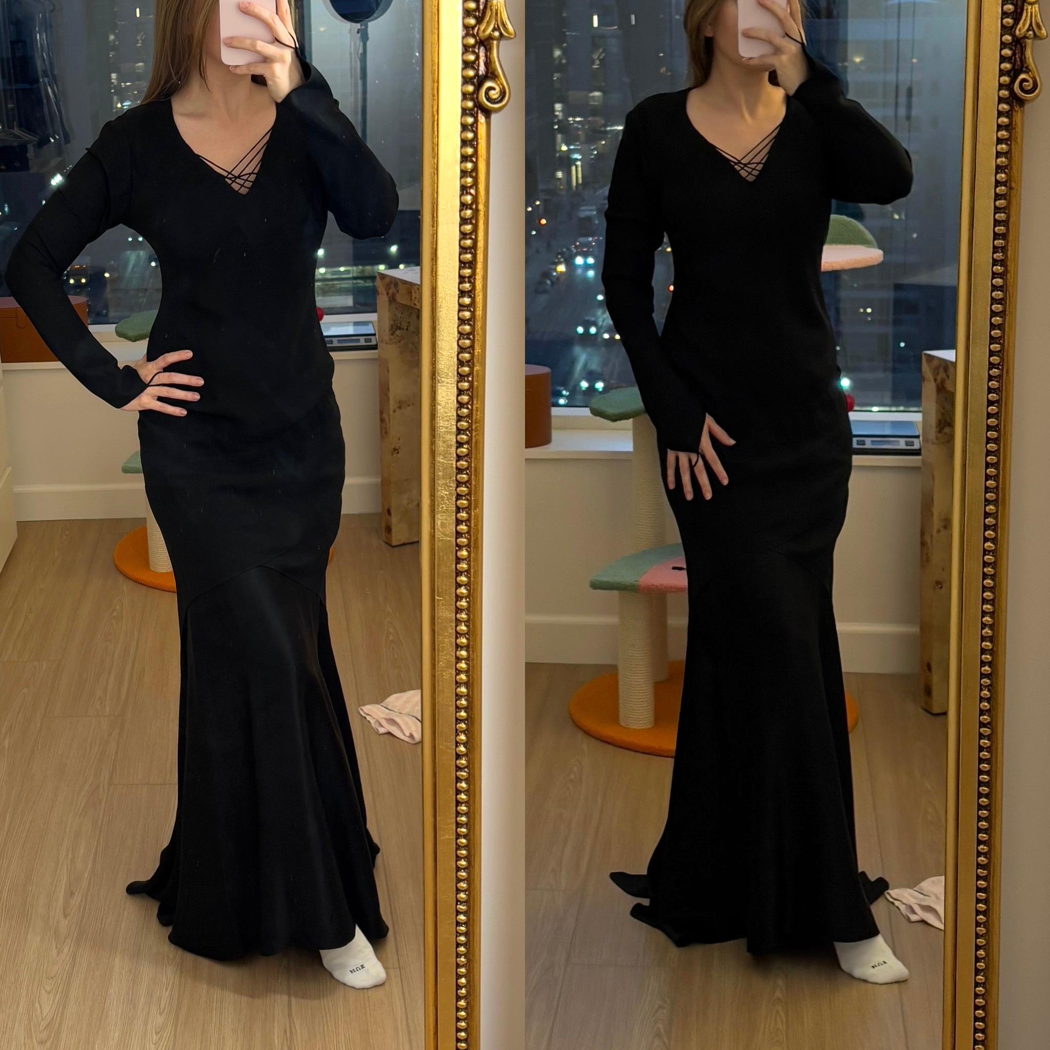 Vera Wang
90's
Vintage
Negro azabache
Manga larga
Bonito escote
Tiene capas en la parte inferior
Trabillas para los dedos en la muñeca
La talla US 8 se ajusta como una 6/8
Soy talla 4, así que me queda demasiado grande. Sólo lo pongo como modelo