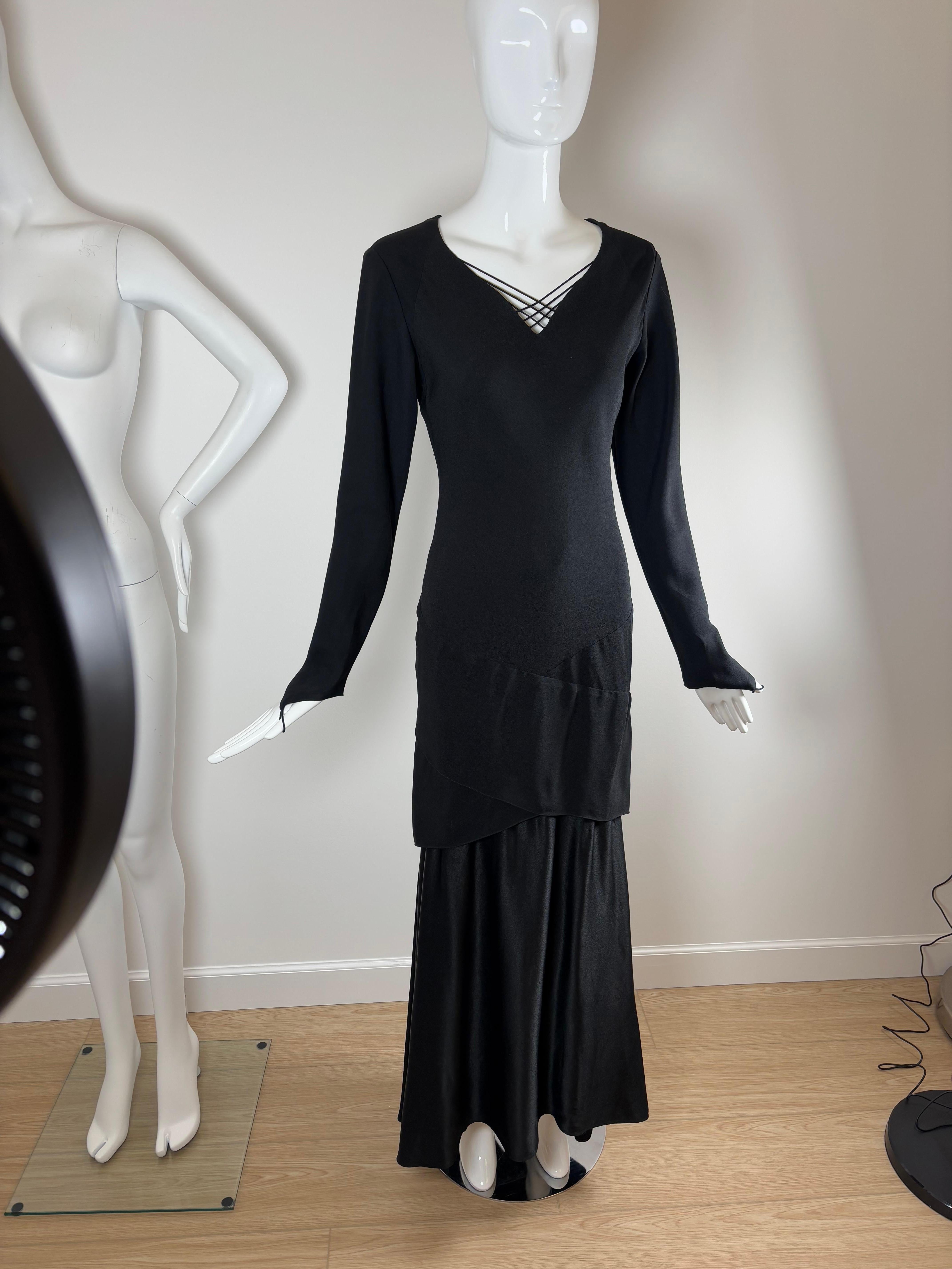 VERA WANG 90's Vestido de noche vintage negro de manga larga en venta 1