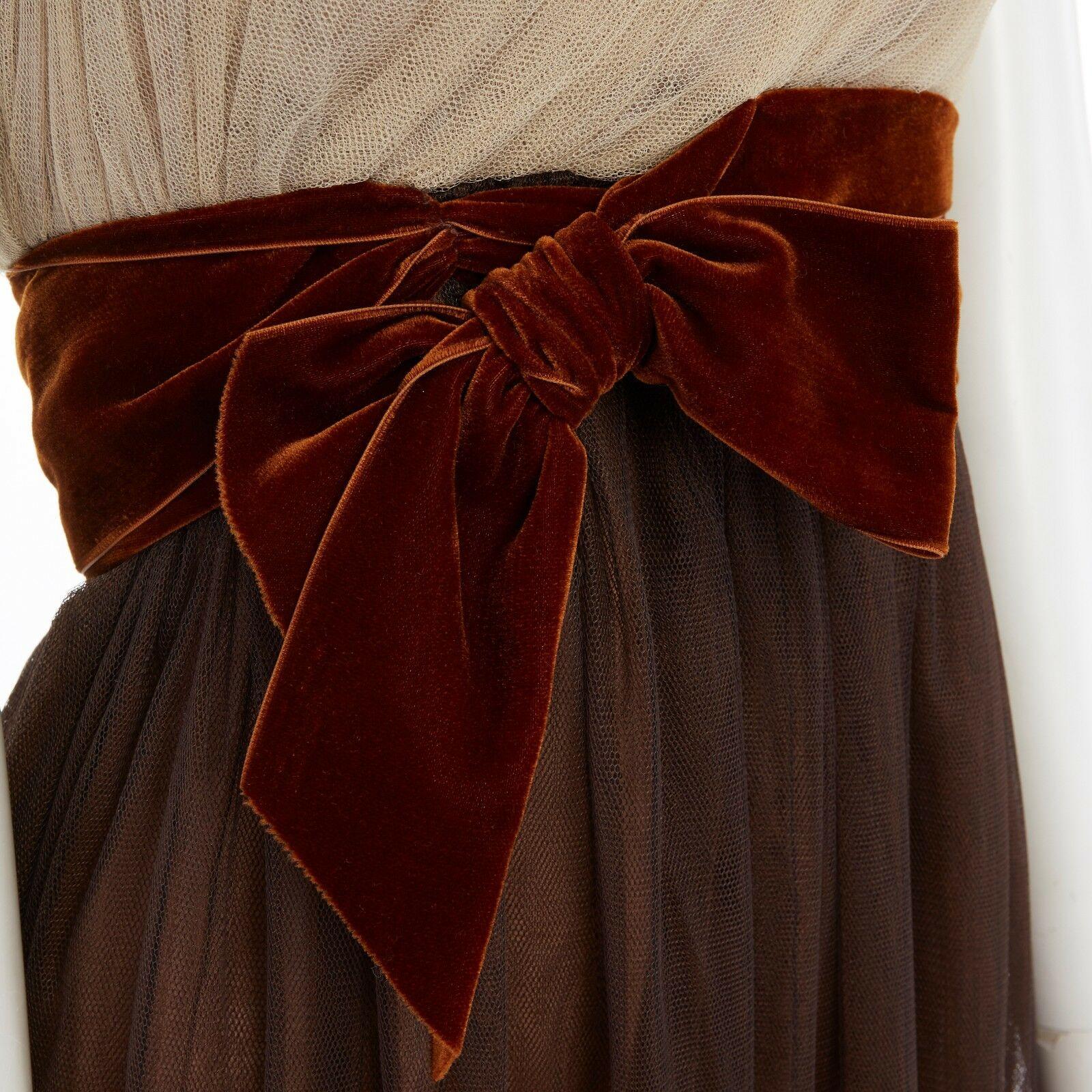 Women's VERA WANG beige tulle velvet bow brown tulle bustier gown dress US0 XS
