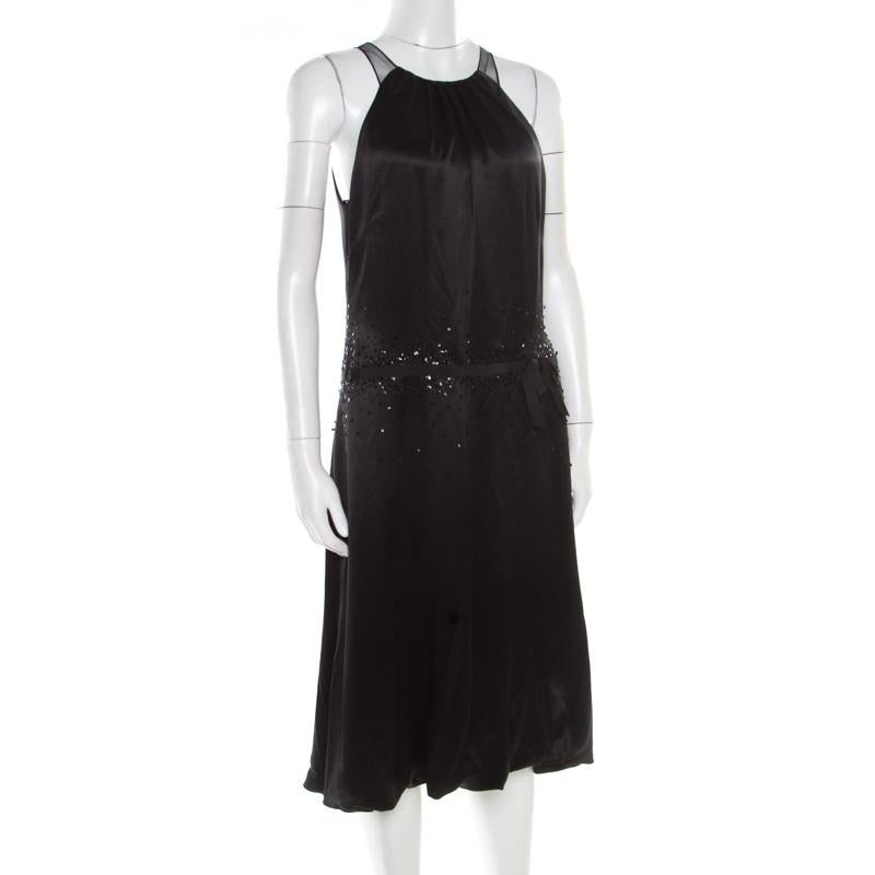 Vera Wang Black Embellished Satin Bod Detail Sleeveless Dress M In Good Condition In Dubai, Al Qouz 2