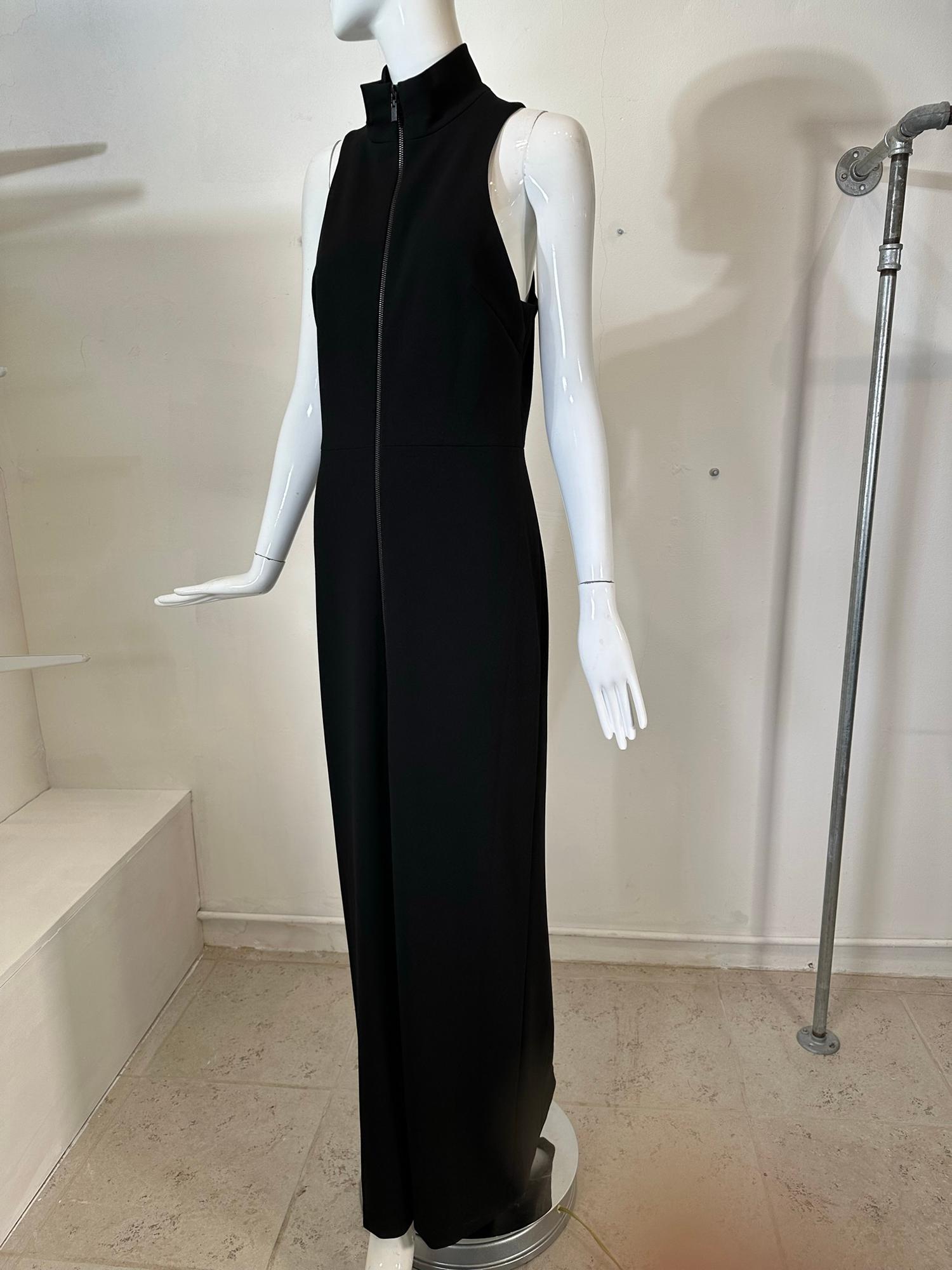 Vera Wang Black Knit Jersey Racer Shoulder Zipper Front Fitted Maxi Dress  For Sale 6