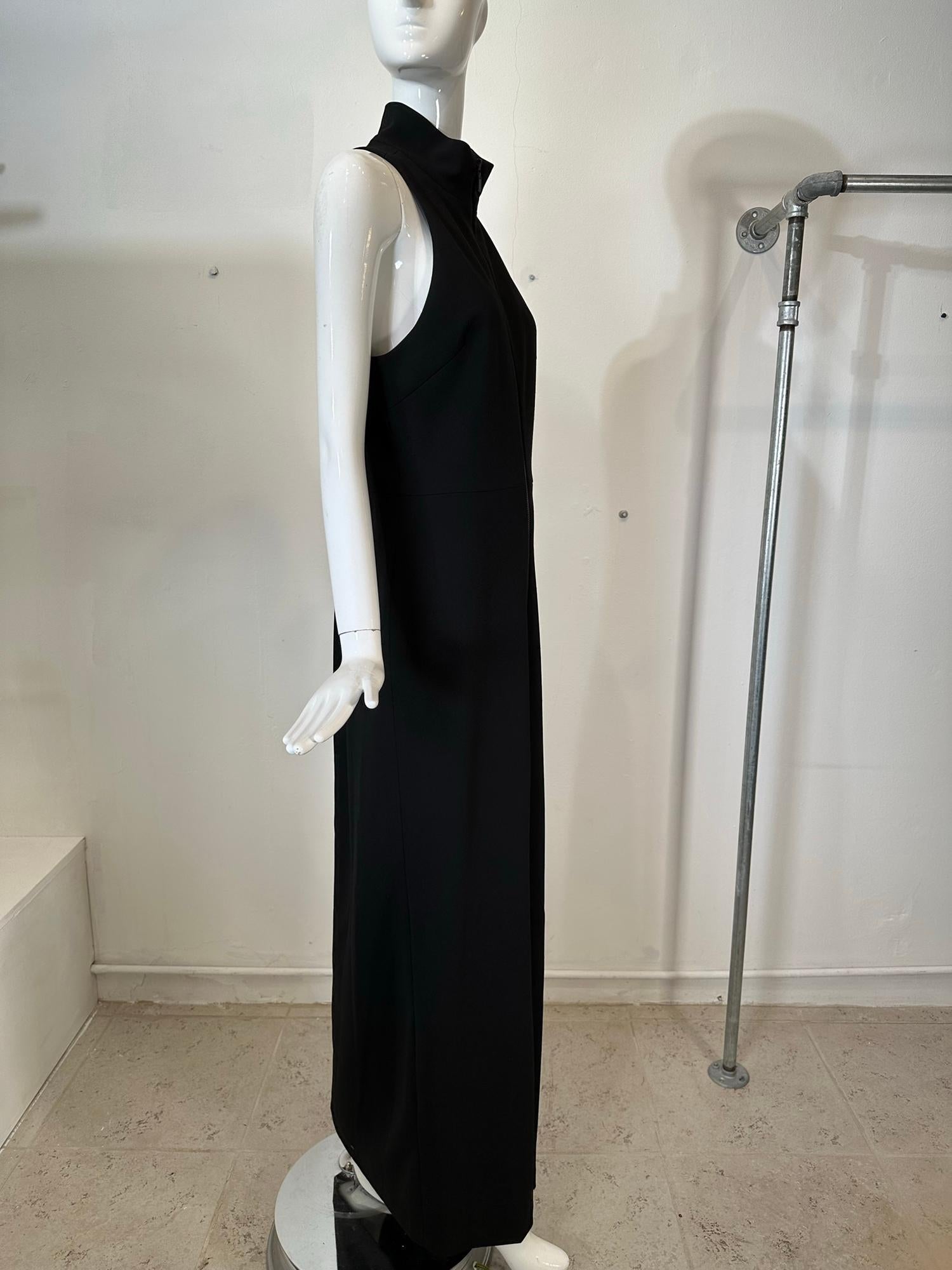 Vera Wang Black Knit Jersey Racer Shoulder Zipper Front Fitted Maxi Dress  In Good Condition For Sale In West Palm Beach, FL