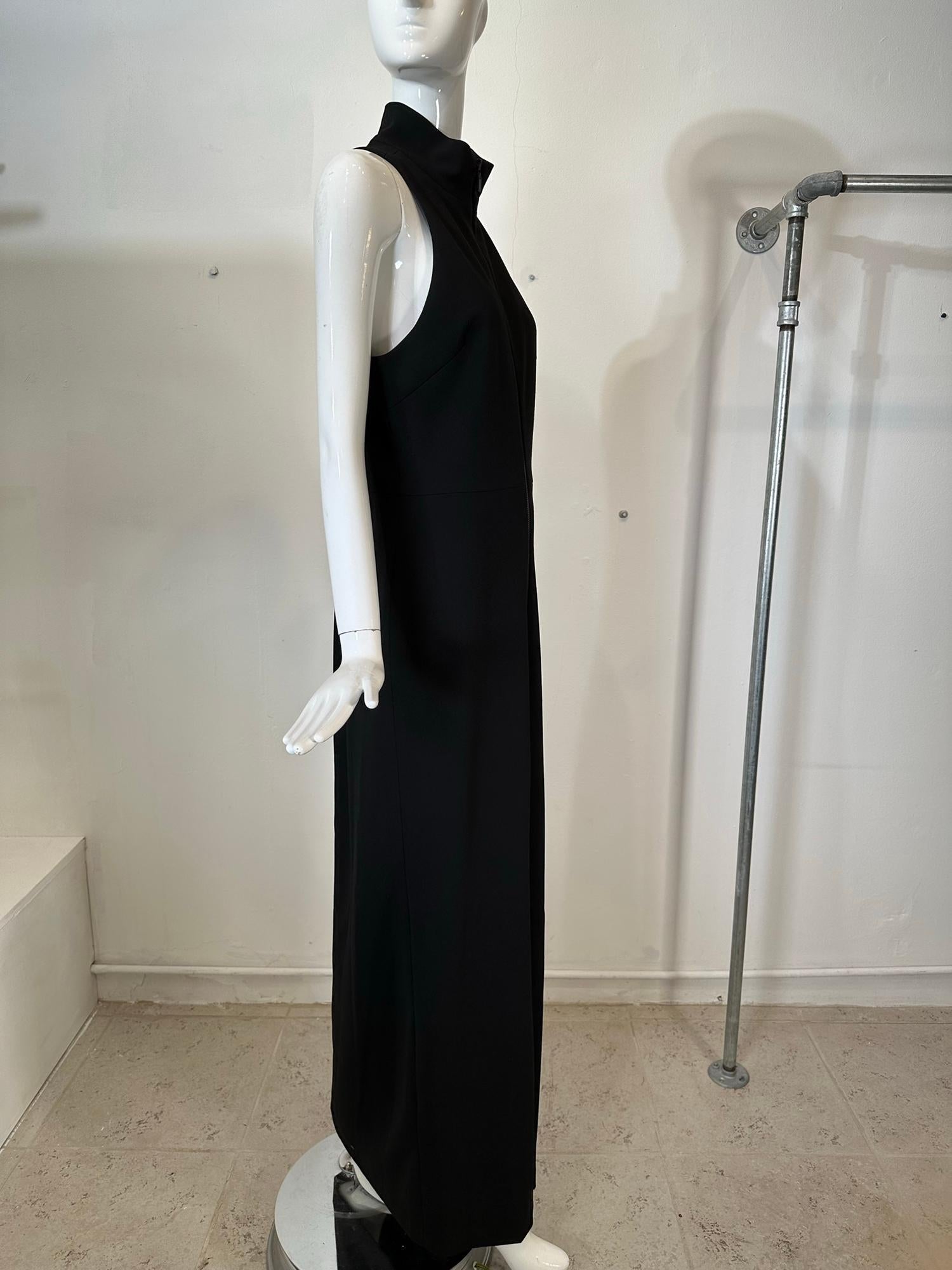 Vera Wang Black Knit Jersey Racer Shoulder Zipper Front Fitted Maxi Dress In Good Condition For Sale In West Palm Beach, FL
