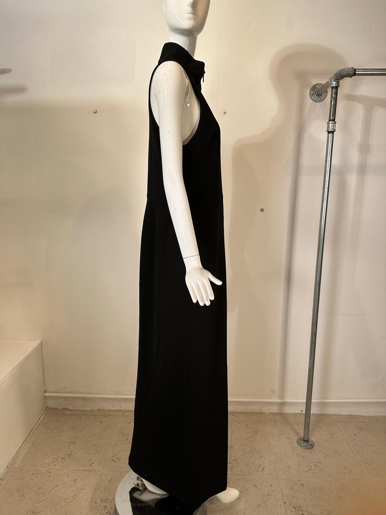 Women's Vera Wang Black Knit Jersey Racer Shoulder Zipper Front Fitted Maxi Dress  For Sale