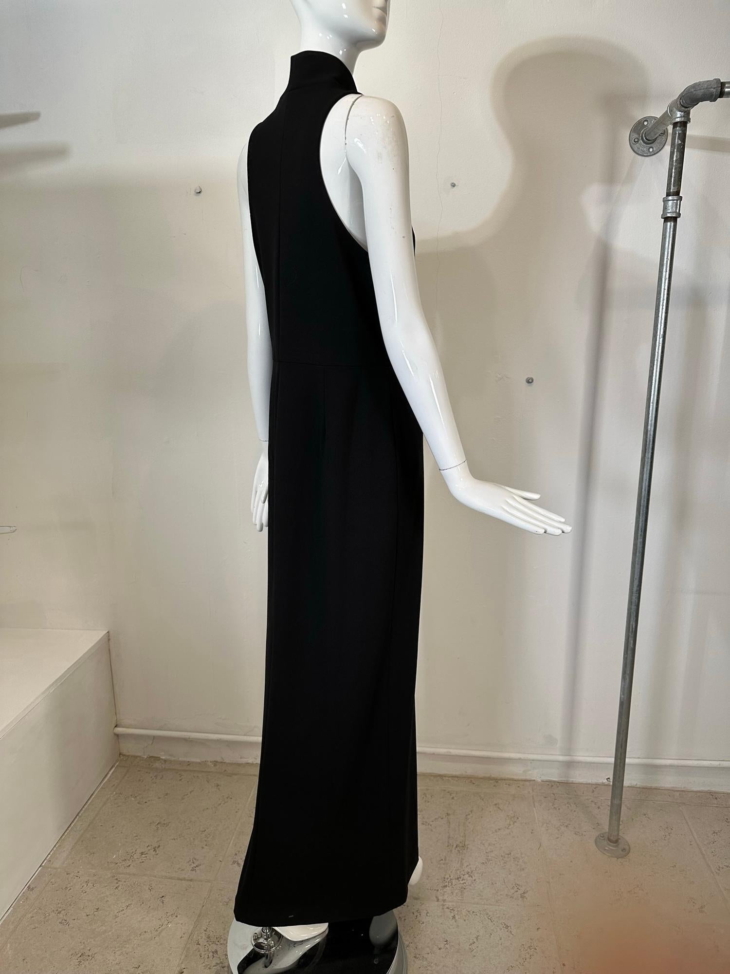 Vera Wang Black Knit Jersey Racer Shoulder Zipper Front Fitted Maxi Dress  For Sale 1