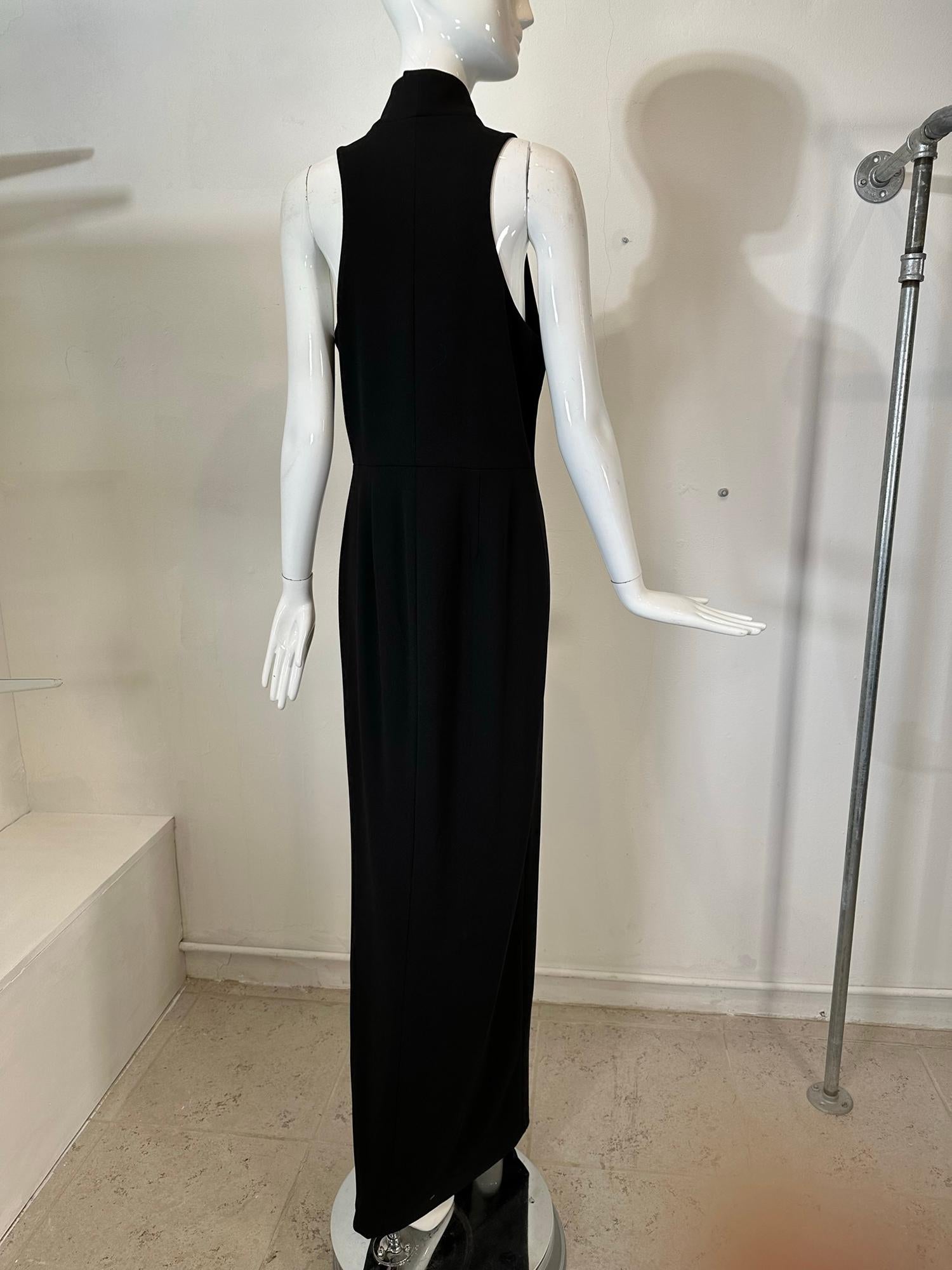 Vera Wang Black Knit Jersey Racer Shoulder Zipper Front Fitted Maxi Dress For Sale 2