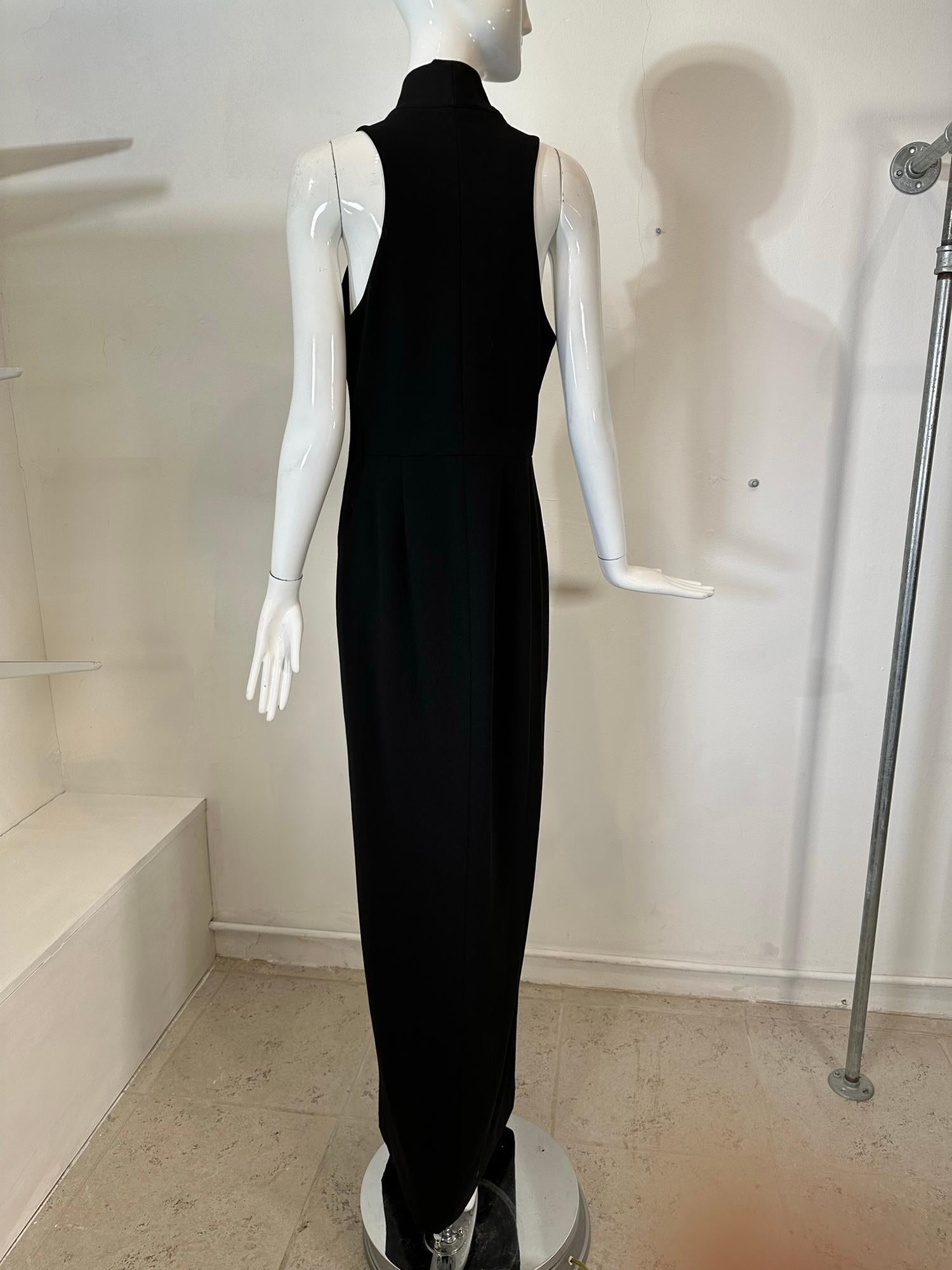 Vera Wang Black Knit Jersey Racer Shoulder Zipper Front Fitted Maxi Dress  For Sale 3