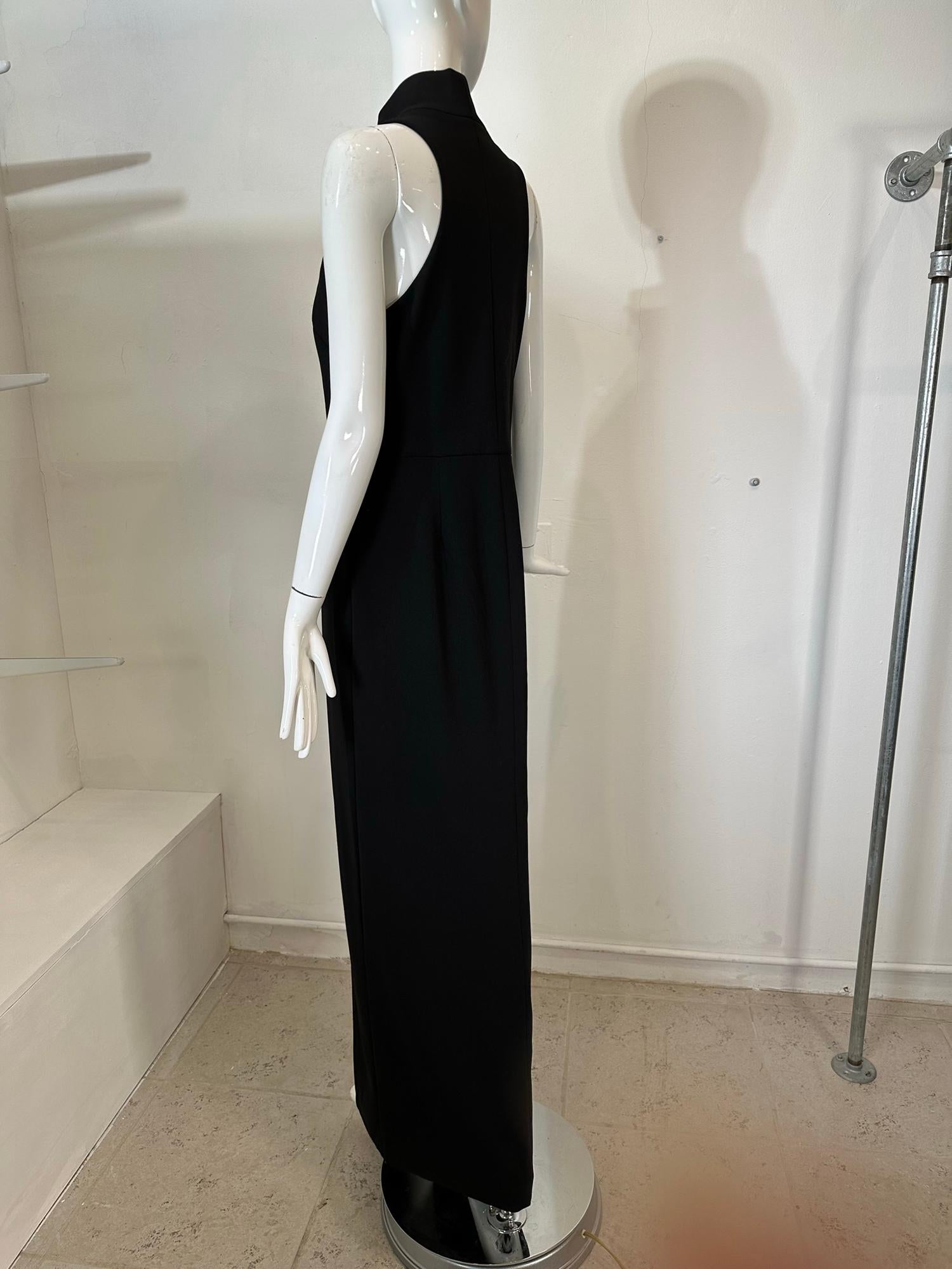 Vera Wang Black Knit Jersey Racer Shoulder Zipper Front Fitted Maxi Dress  For Sale 4