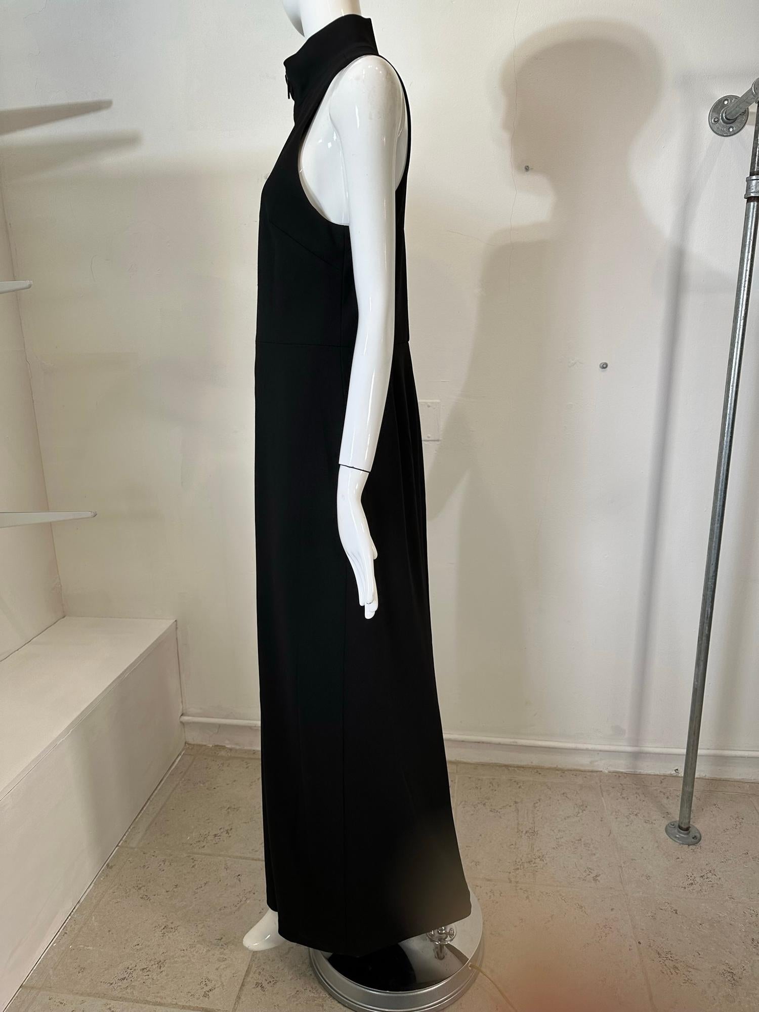 Vera Wang Black Knit Jersey Racer Shoulder Zipper Front Fitted Maxi Dress  For Sale 5