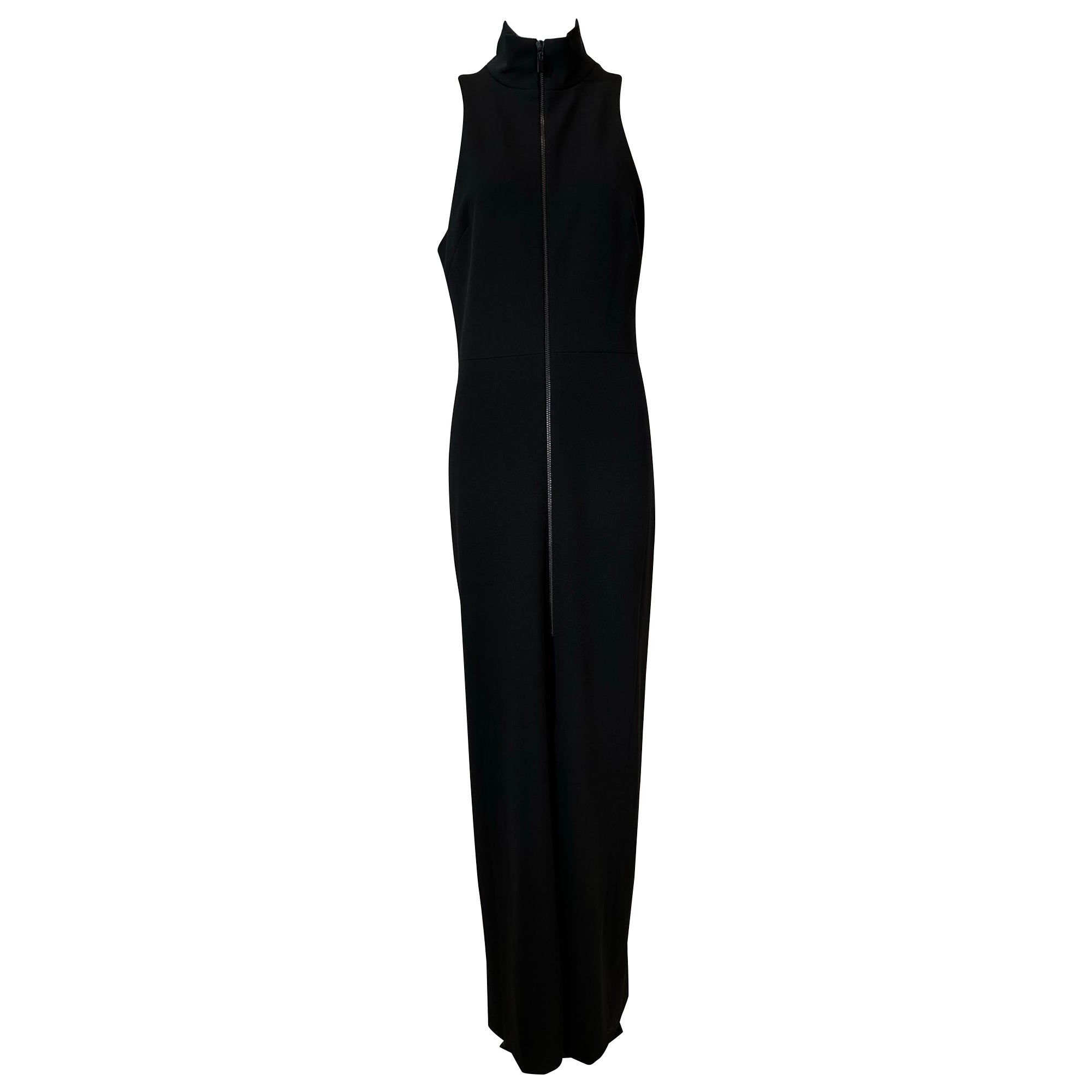 Vera Wang Schwarzes Maxikleid aus Jersey-Strick mit Racer-Schulter-Reißverschluss und Reißverschluss vorne