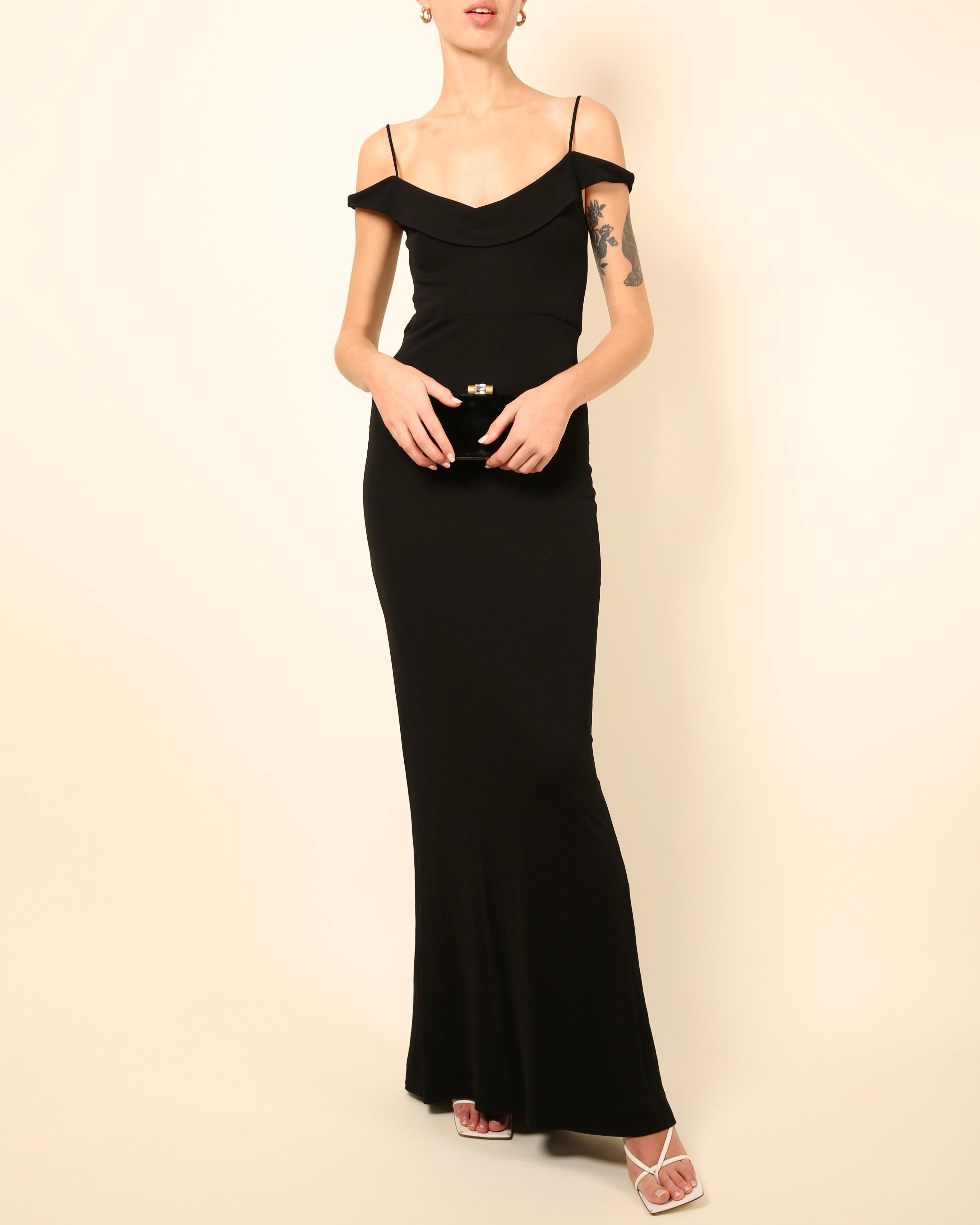 LOVE LALI Vintage

Vera Wang black off the shoulder floor length dress
Body skimming cut
Concealed back zip

Size:
No size label - estimated to fit an XS but please refer to the measurements below

Composition:
No composition label however the