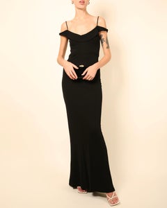 Vera Wang black off the shoulder fitted floor length maxi dress gown