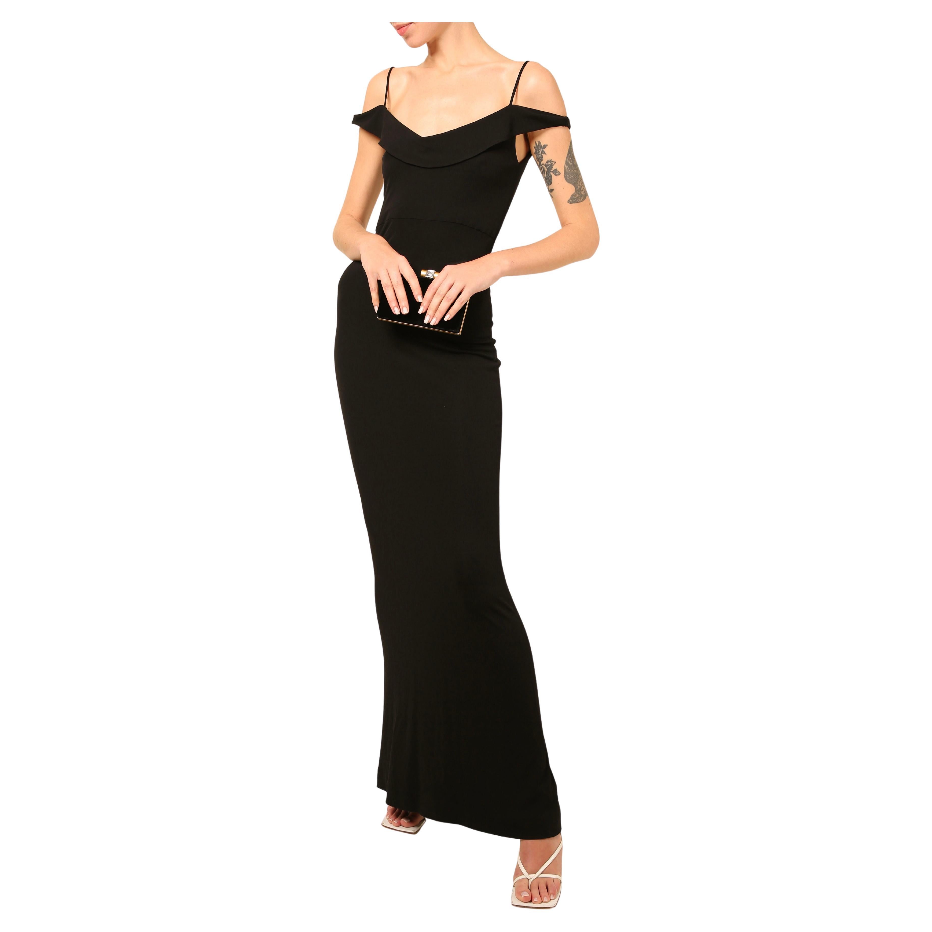 Vera Wang black off the shoulder fitted floor length maxi dress gown For Sale