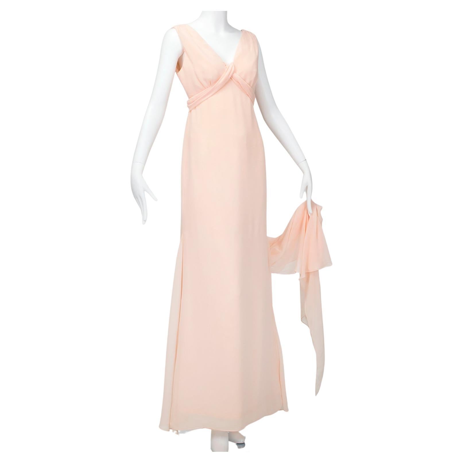 Vera Wang Blush Neoclassical Delphos Column Gown with Trailing Ties – S, 2008 For Sale