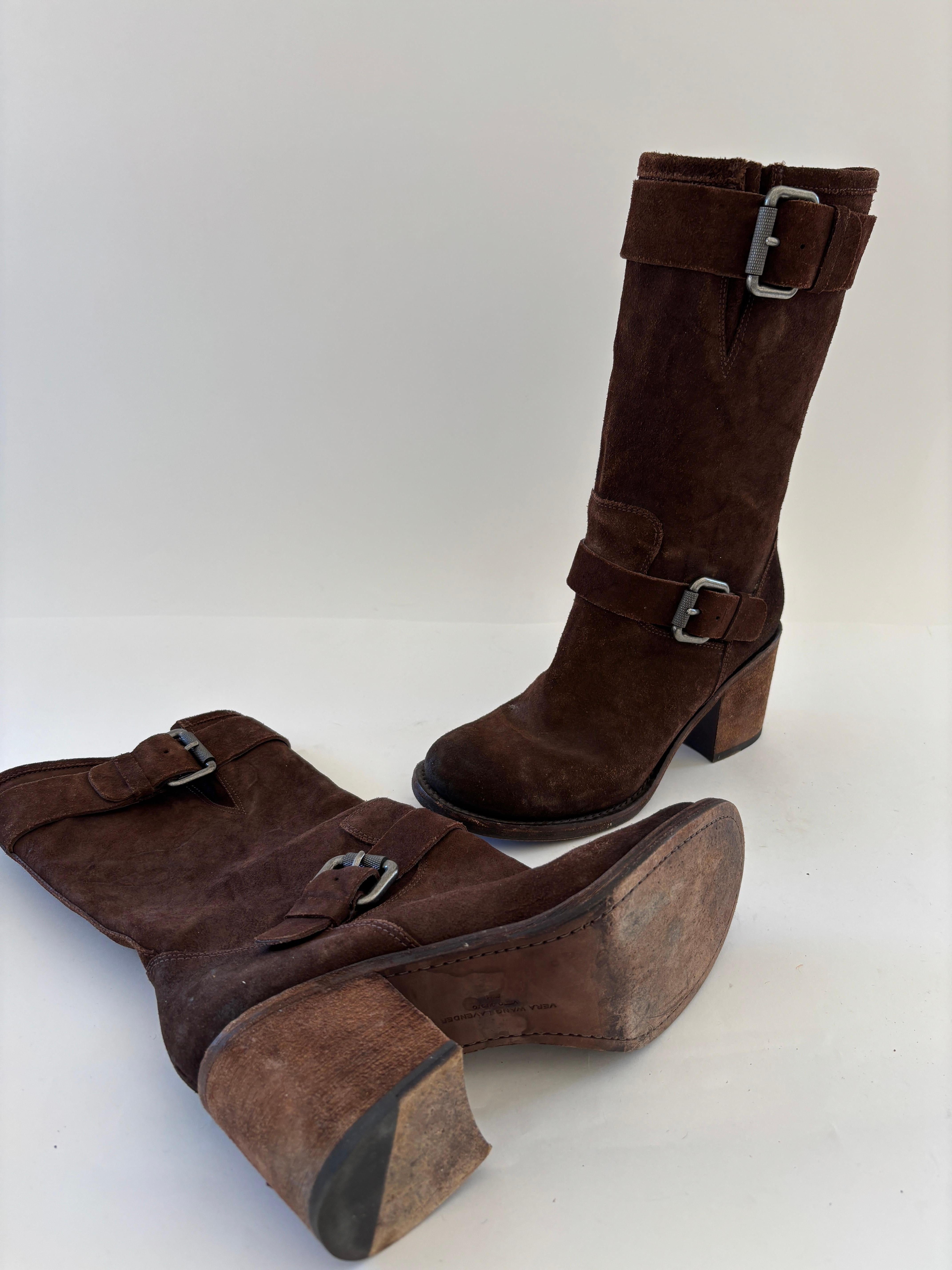 Vera Wang Boots Womens Brown Suede Belted Buckle Biker Block Heel 8.5 M For Sale 6