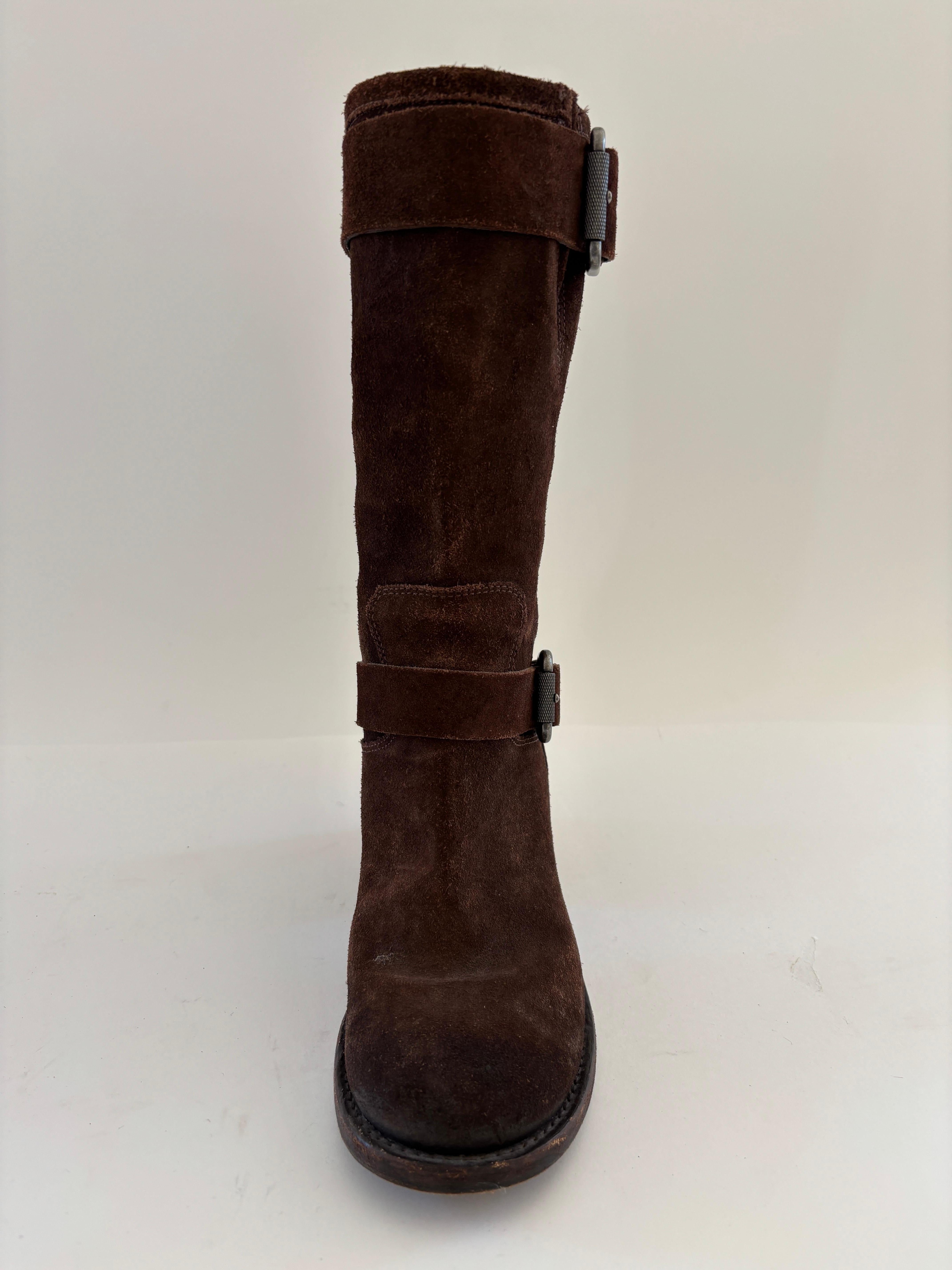 Vera Wang Boots Womens Brown Suede Belted Buckle Biker Block Heel 8.5 M For Sale 8