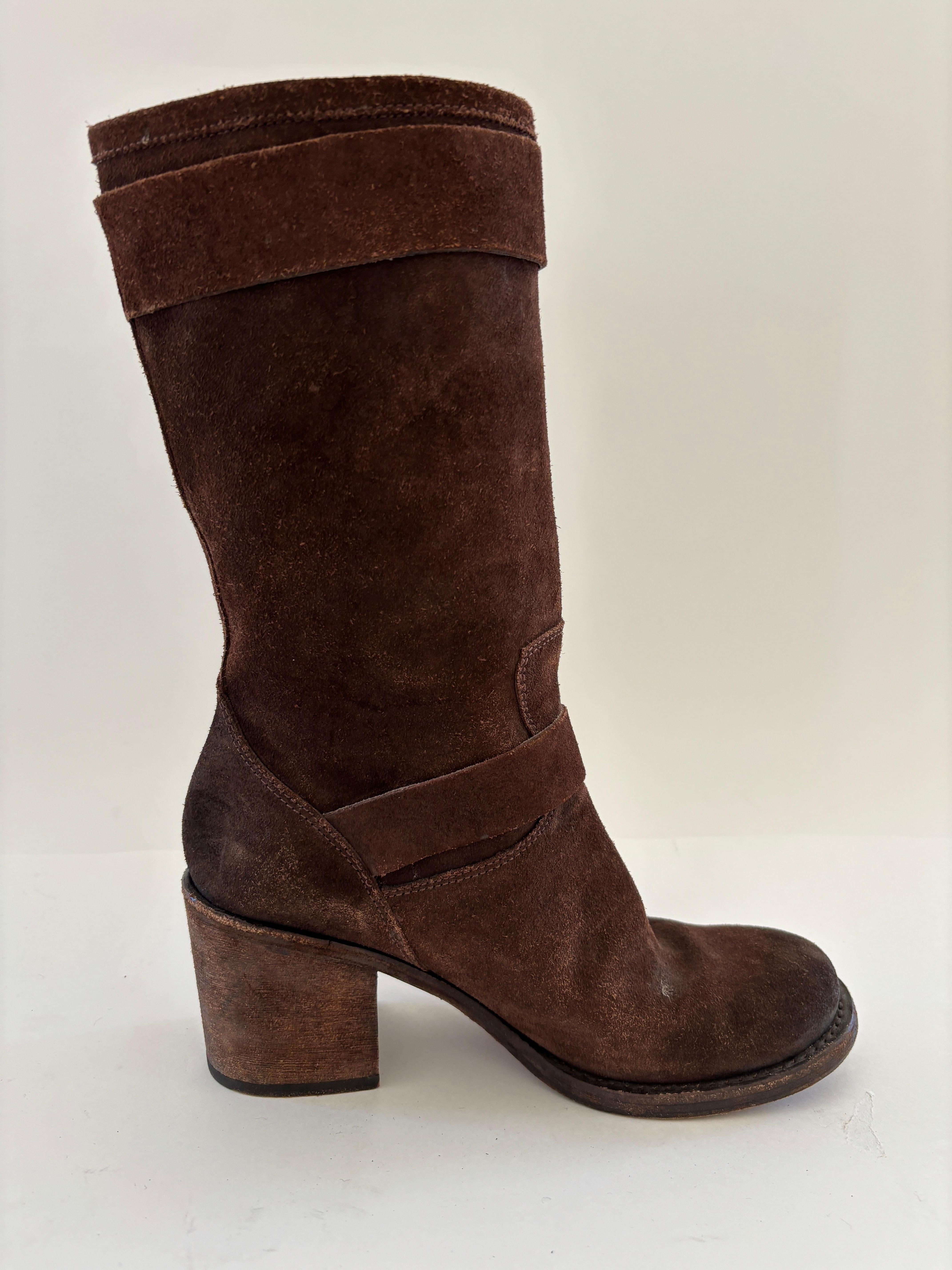 Vera Wang Boots Womens Brown Suede Belted Buckle Biker Block Heel 8.5 M For Sale 9