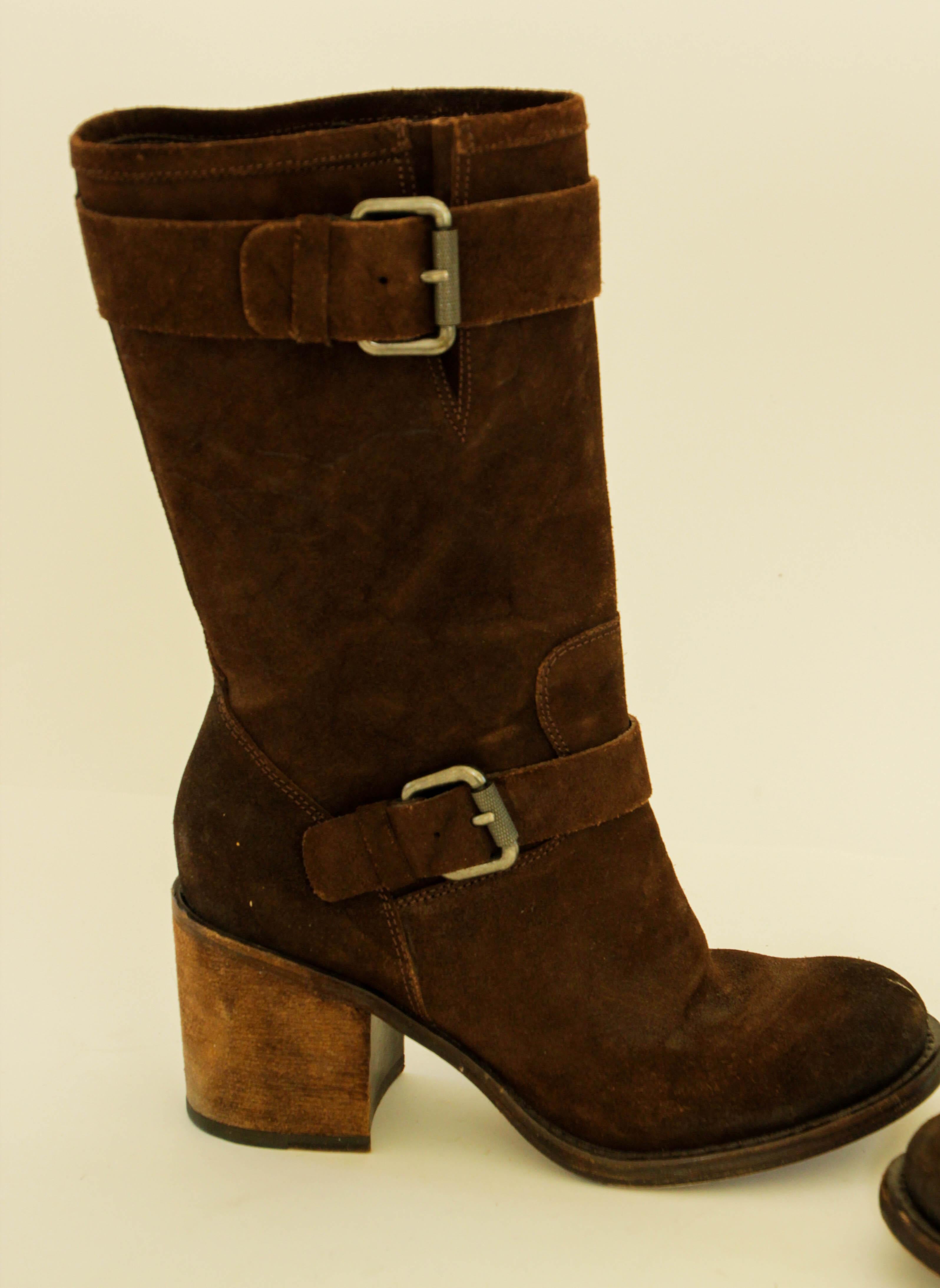 Women's or Men's Vera Wang Boots Womens Brown Suede Belted Buckle Biker Block Heel 8.5 M For Sale