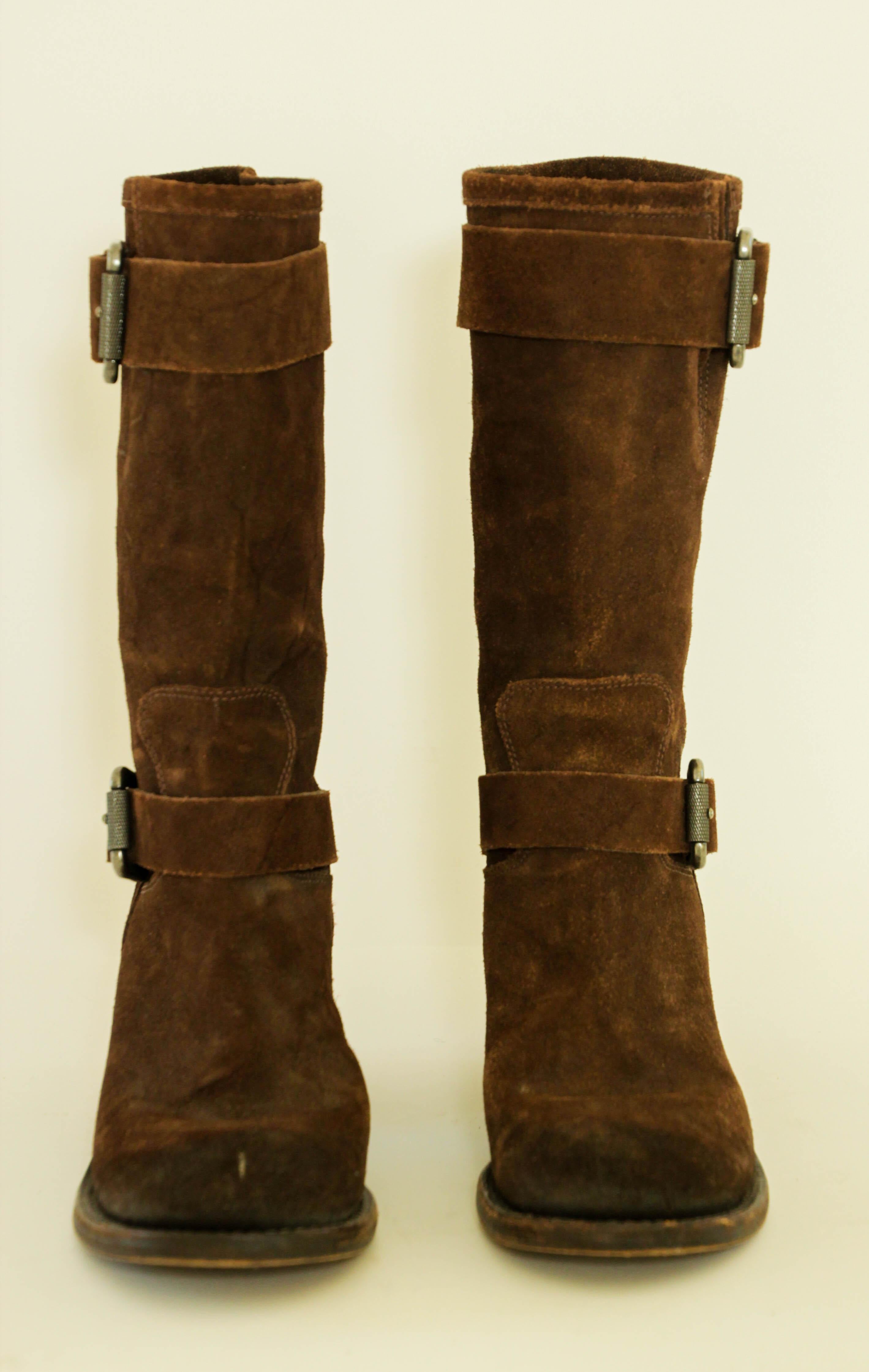 Vera Wang Boots Womens Brown Suede Belted Buckle Biker Block Heel 8.5 M For Sale 1