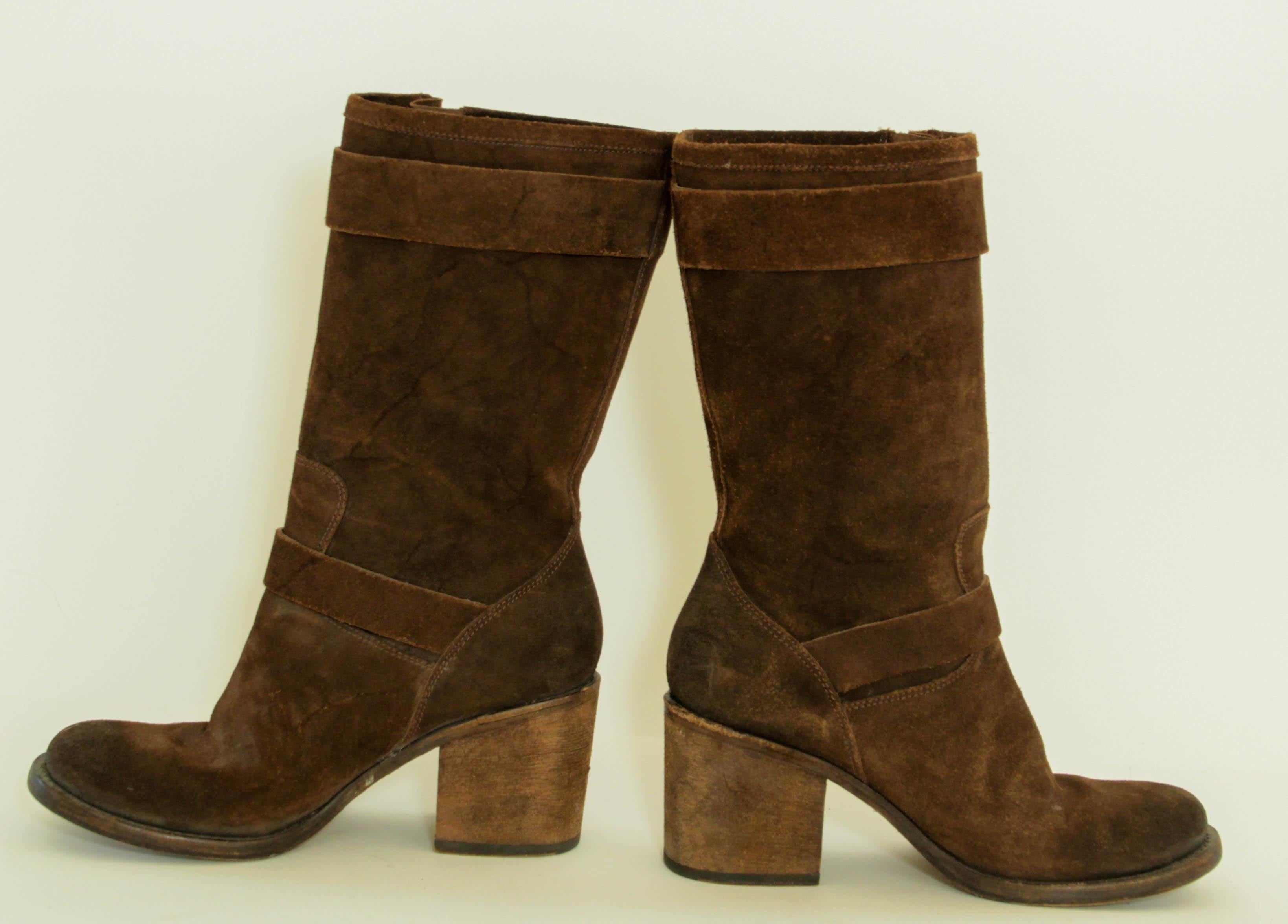 Vera Wang Boots Womens Brown Suede Belted Buckle Biker Block Heel 8.5 M For Sale 2