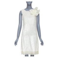 VERA WANG Bridal cream silk organza sequin floral brooch shift dress US4 M