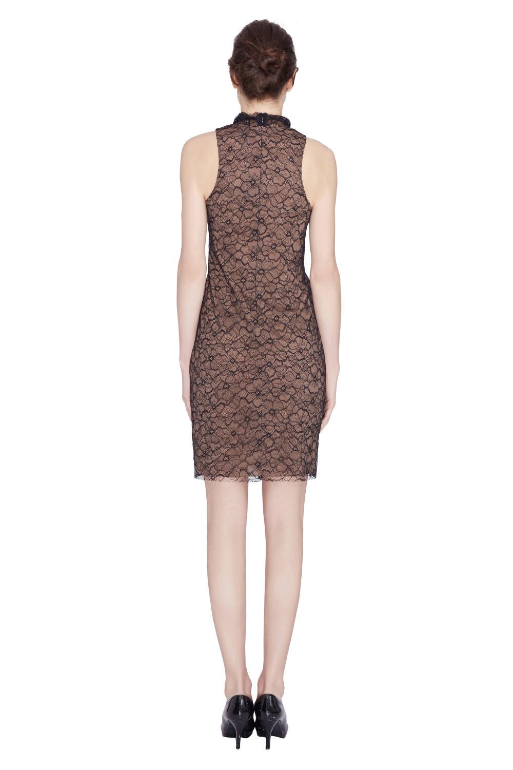 This sleeveless dress is pretty, decent and stylish. From the fabulous Vera Wang collection comes this black dress, tailored from a nylon blend and designed with floral lace pattern. Featuring a high cowl neck, it will look great with matching heels