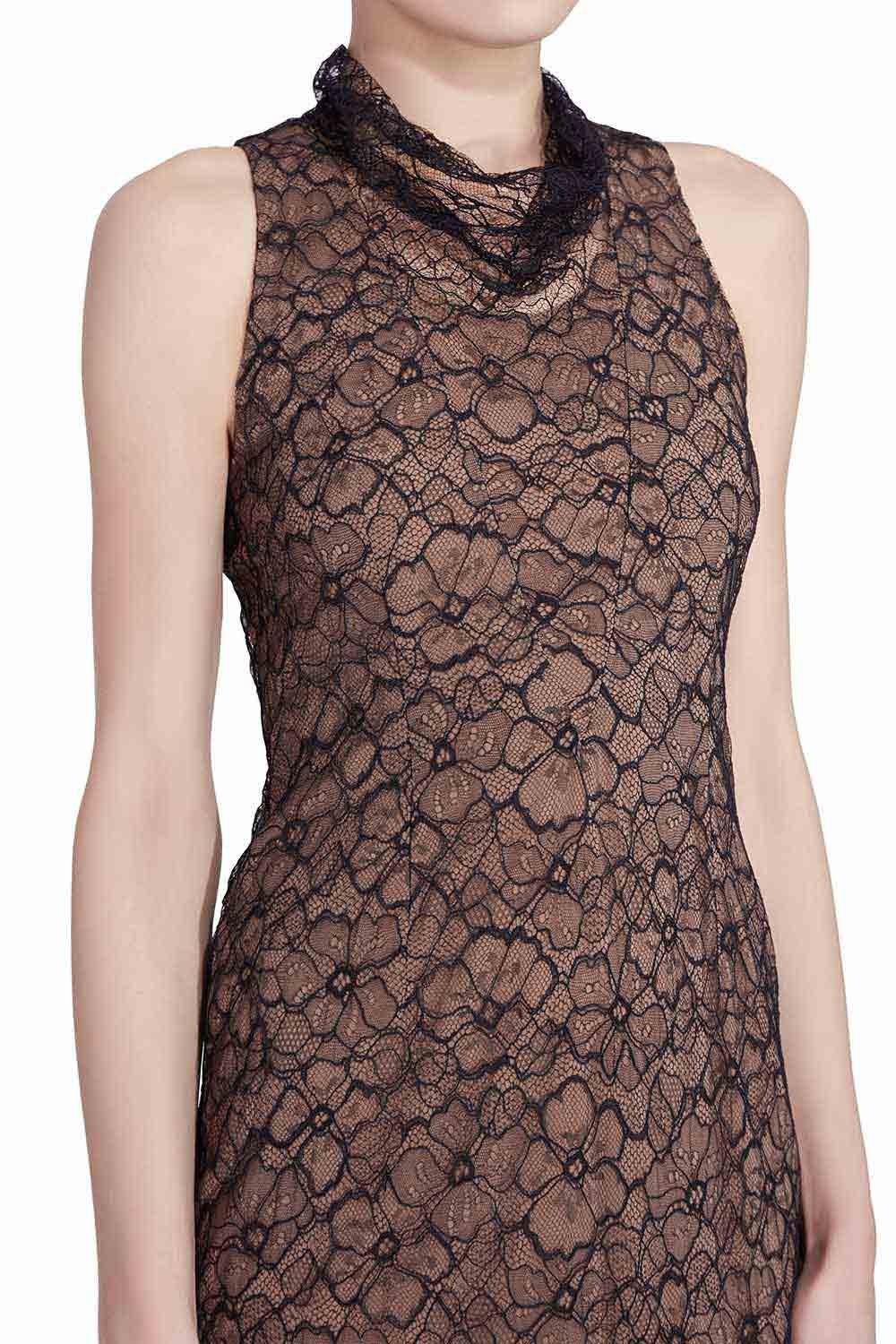 Vera Wang Collection Black Floral Lace High Cowl Neck Sleeveless Dress S In Excellent Condition In Dubai, Al Qouz 2