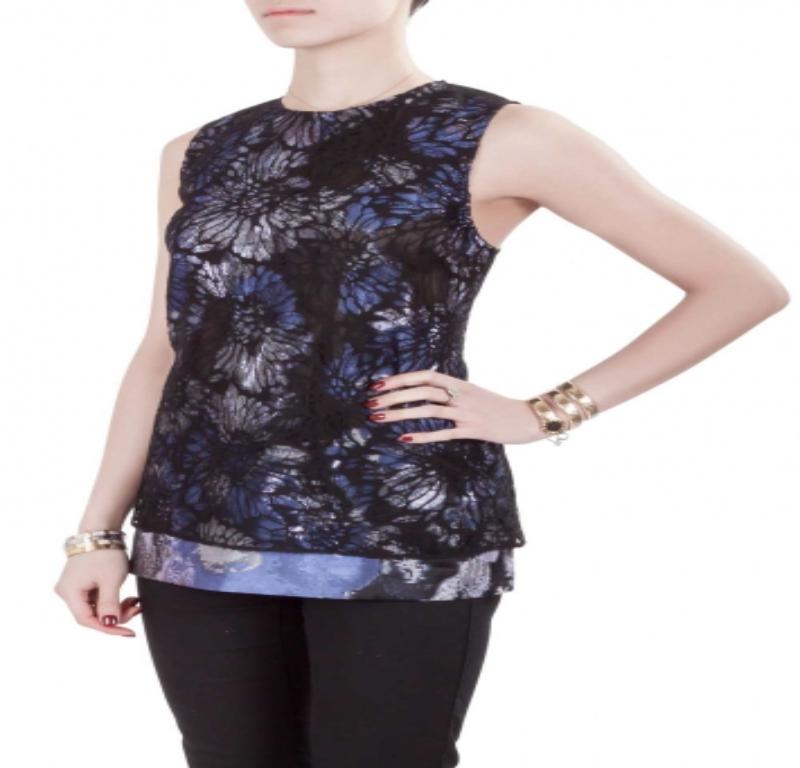 Vera Wang Kollektion Lurex Jacquard Floral Spitze Overlay ärmelloses Top M (Schwarz) im Angebot