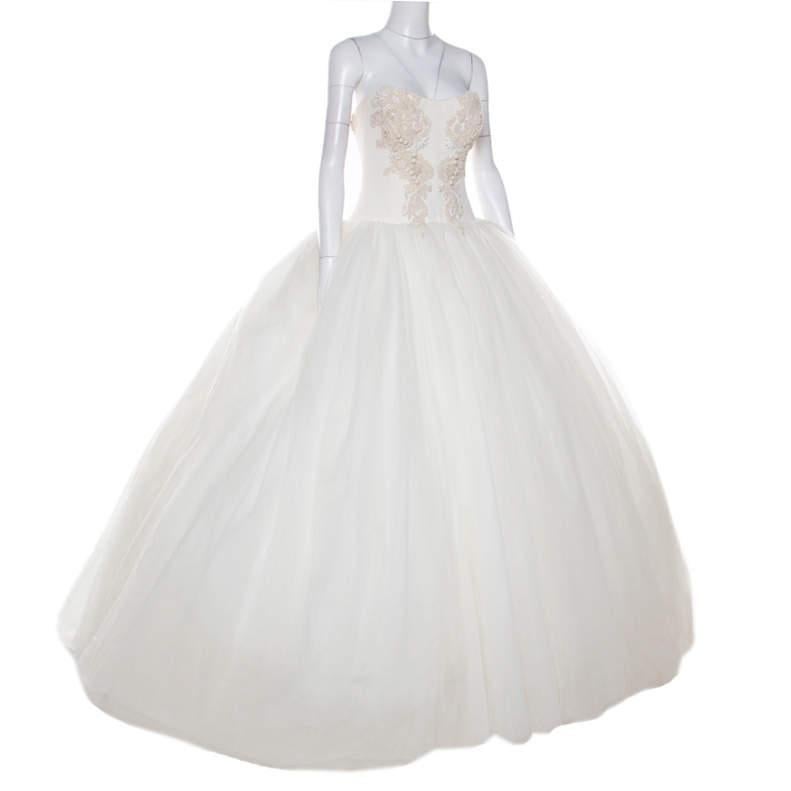 Gray Vera Wang Cream Bead Embellished Silk Layered Tulle Gown L