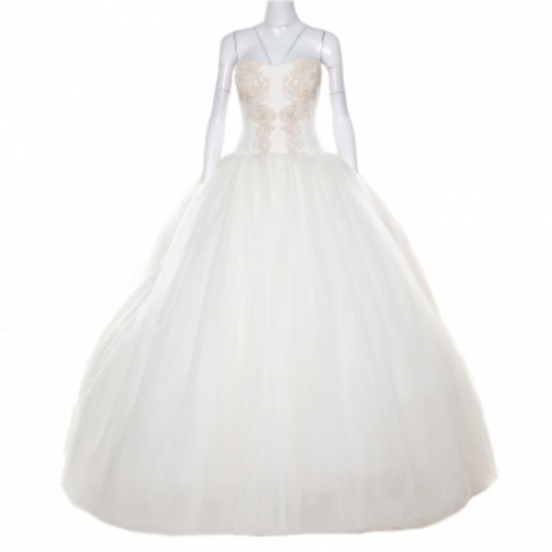 Gray Vera Wang Cream Bead Embellished Silk Layered Tulle Gown L