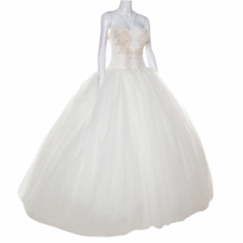 Vera Wang Cream Bead Embellished Silk Layered Tulle Gown L In Good Condition In Dubai, Al Qouz 2