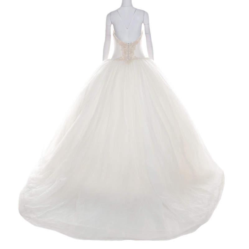 Women's Vera Wang Cream Bead Embellished Silk Layered Tulle Gown L