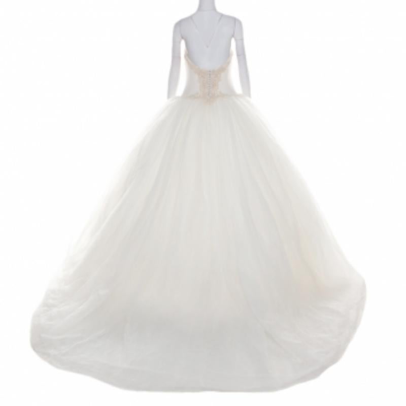 Vera Wang Cream Bead Embellished Silk Layered Tulle Gown L 2