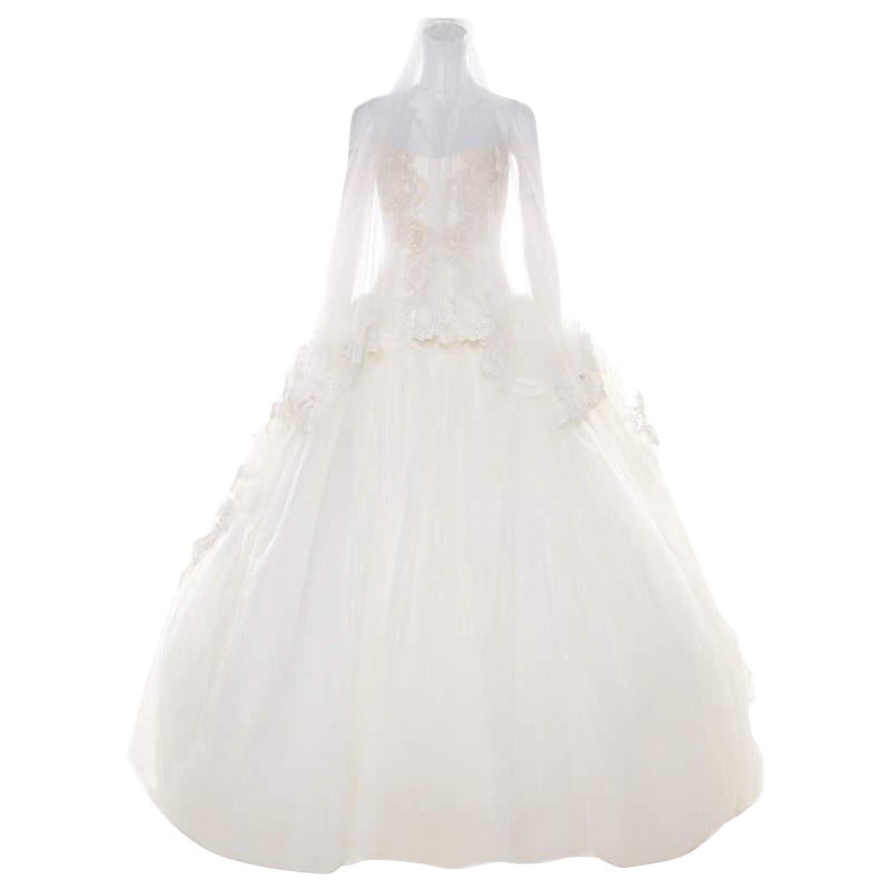 Vera Wang Cream Bead Embellished Silk Layered Tulle Gown L