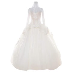 Vera Wang Cremefarbenes, perlenbesetztes Kleid aus mehrlagigem Tüll aus Seide L