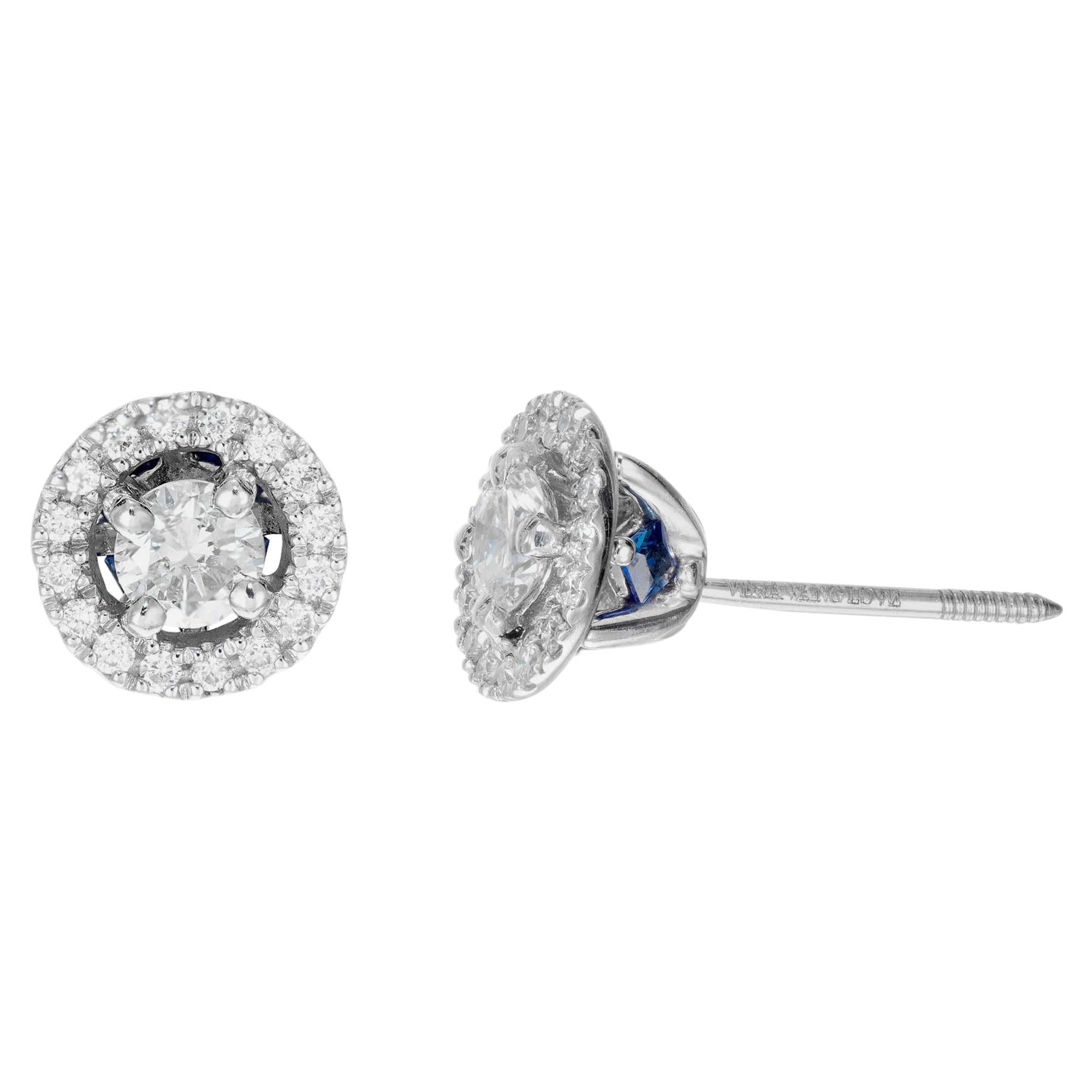Vera Wang Diamond Sapphire Gold Halo Stud Earrings For Sale