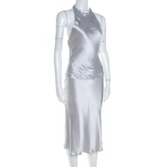Vera Wang Grey Satin Sequin Embellished Halter Tie Up Flared Dress M