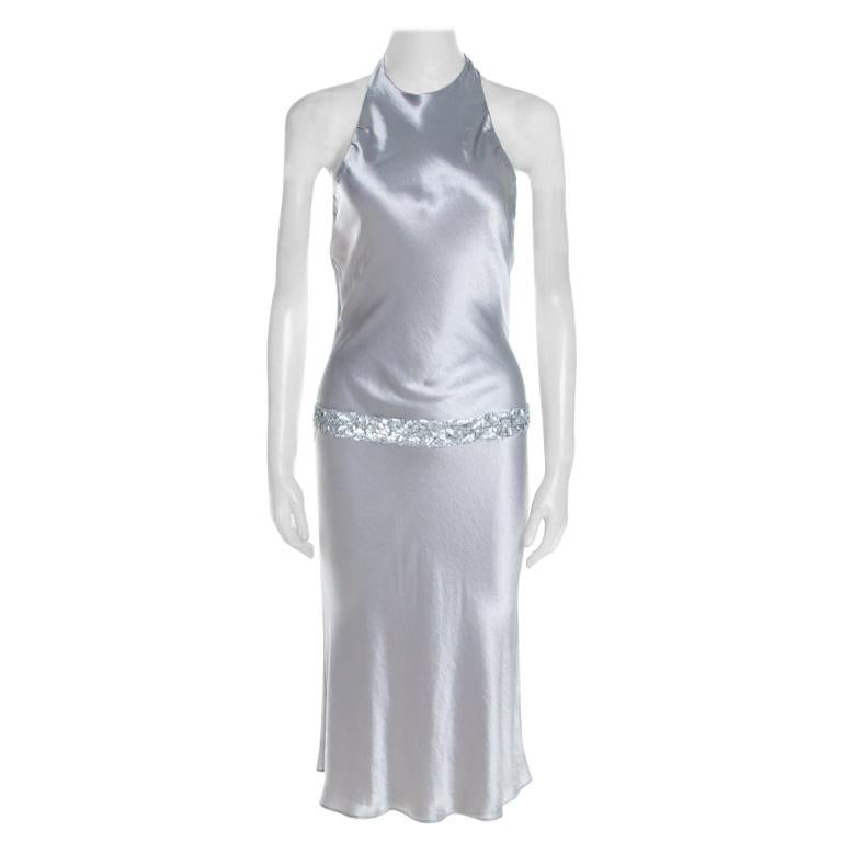 Vera Wang Grey Satin Sequin Embellished Halter Tie Up Flared Dress M