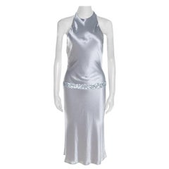 Used Vera Wang Grey Satin Sequin Embellished Halter Tie Up Flared Dress M