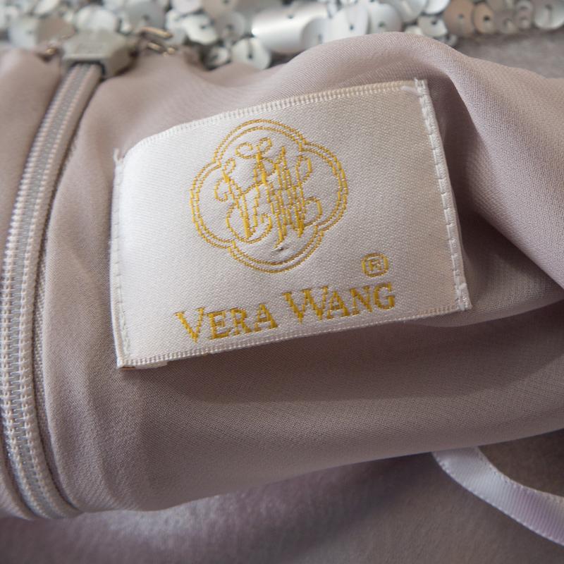 Vera Wang Grau Satin Pailletten verschönert Halter Krawatte bis ausgestelltes Kleid S Damen