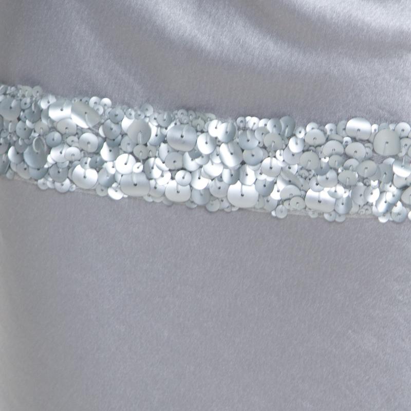 Gray Vera Wang Grey Satin Sequin Embellished Halter Tie Up Flared Dress S