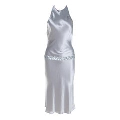 Vera Wang Grey Satin Sequin Embellished Halter Tie Up Flared Dress S