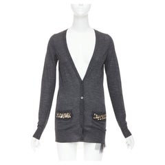 VERA WANG grey wool black tulle lined crystal embellished cardigan sweater