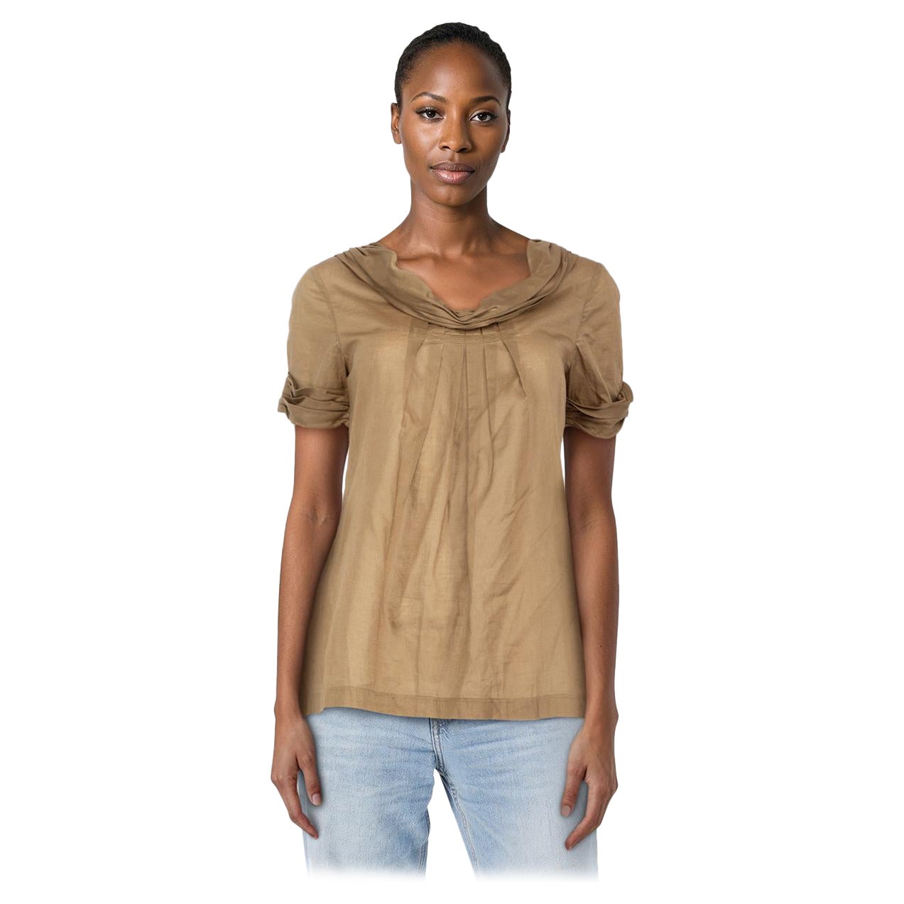 Vera Wang Khaki Ruched Detail Sheer Top Size M en vente